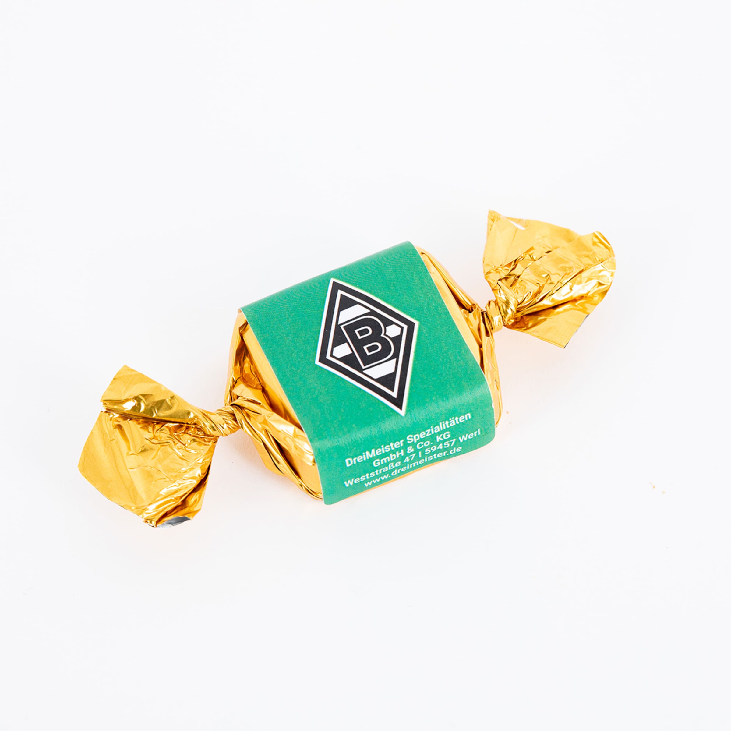 Gold candy with green label featuring Borussia Mönchengladbach branding.