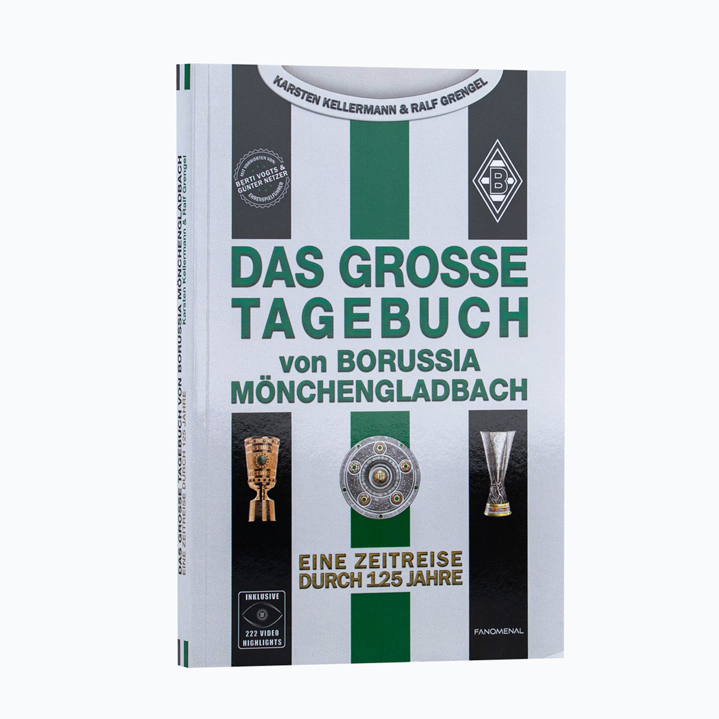 Buchcover: Das große Tagebuch von Borussia Mönchengladbach. Gestreiftes Design mit Vereinslogo, drei Pokalen und 222 Video-Highlights (125 Jahre).