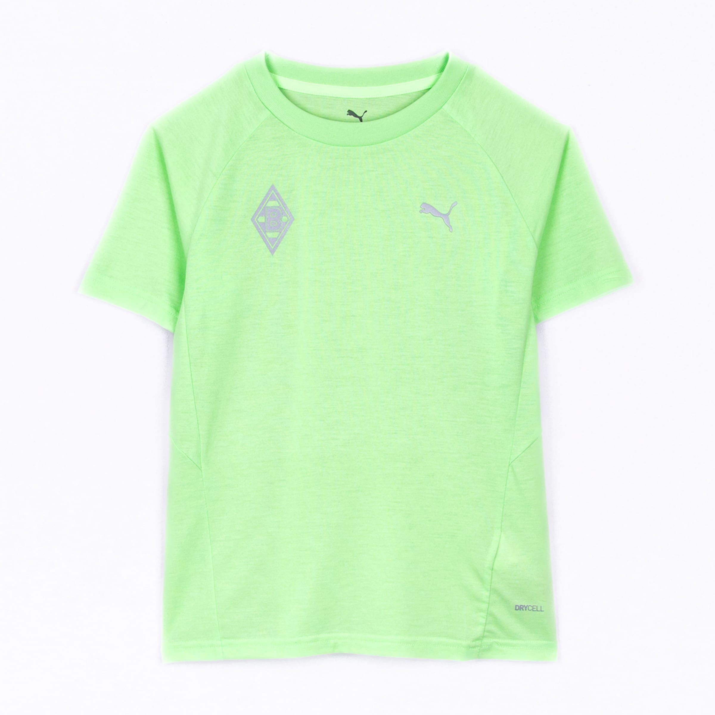 Hellgrünes meliertes Puma T-Shirt mit Borussia Mönchengladbach Logo, Puma Cat Logo und DryCell-Aufdruck.