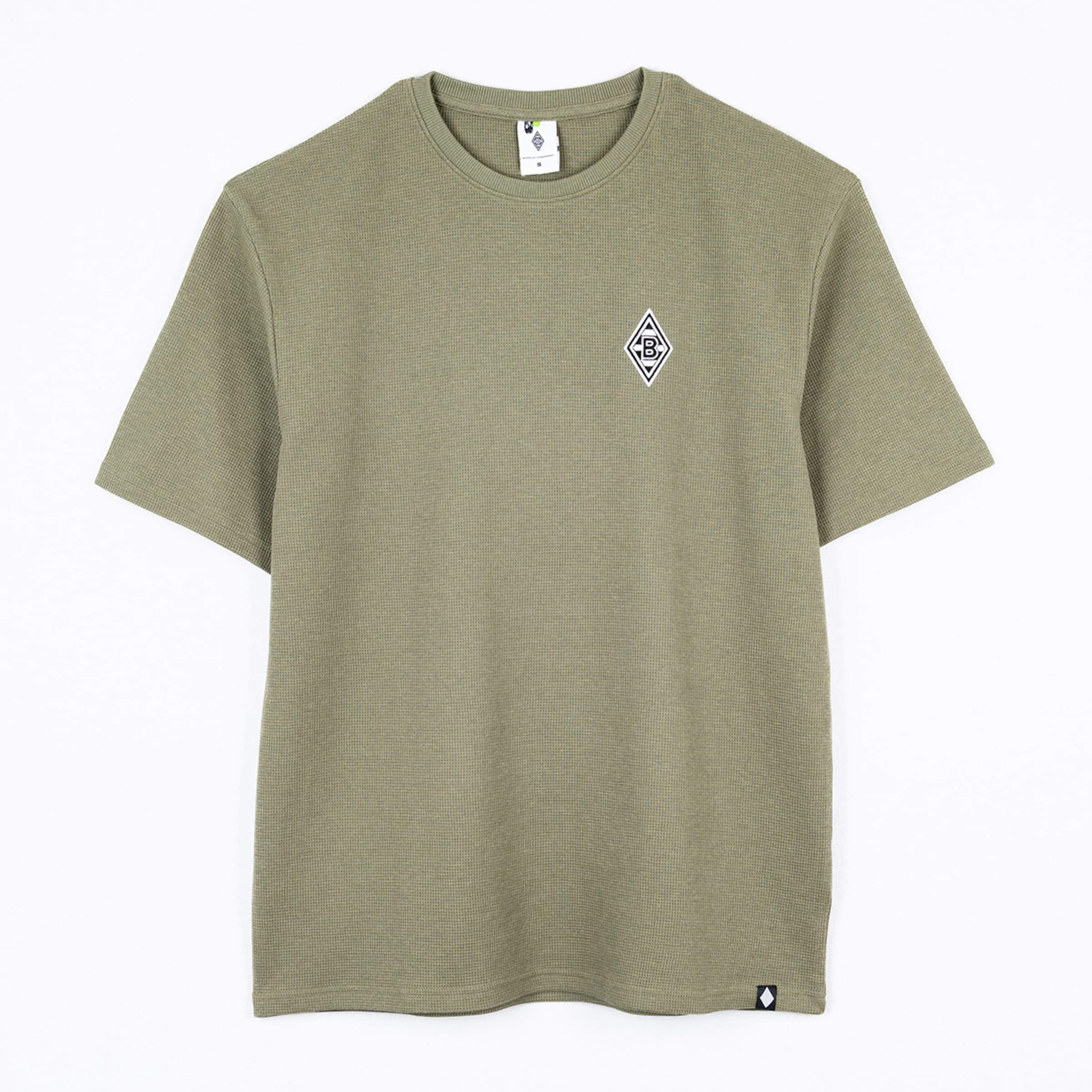 Olivenfarbenes T-Shirt in Waffeloptik mit Borussia Mönchengladbach Logo auf der Brust, Rundhalsausschnitt und Kurzarm.