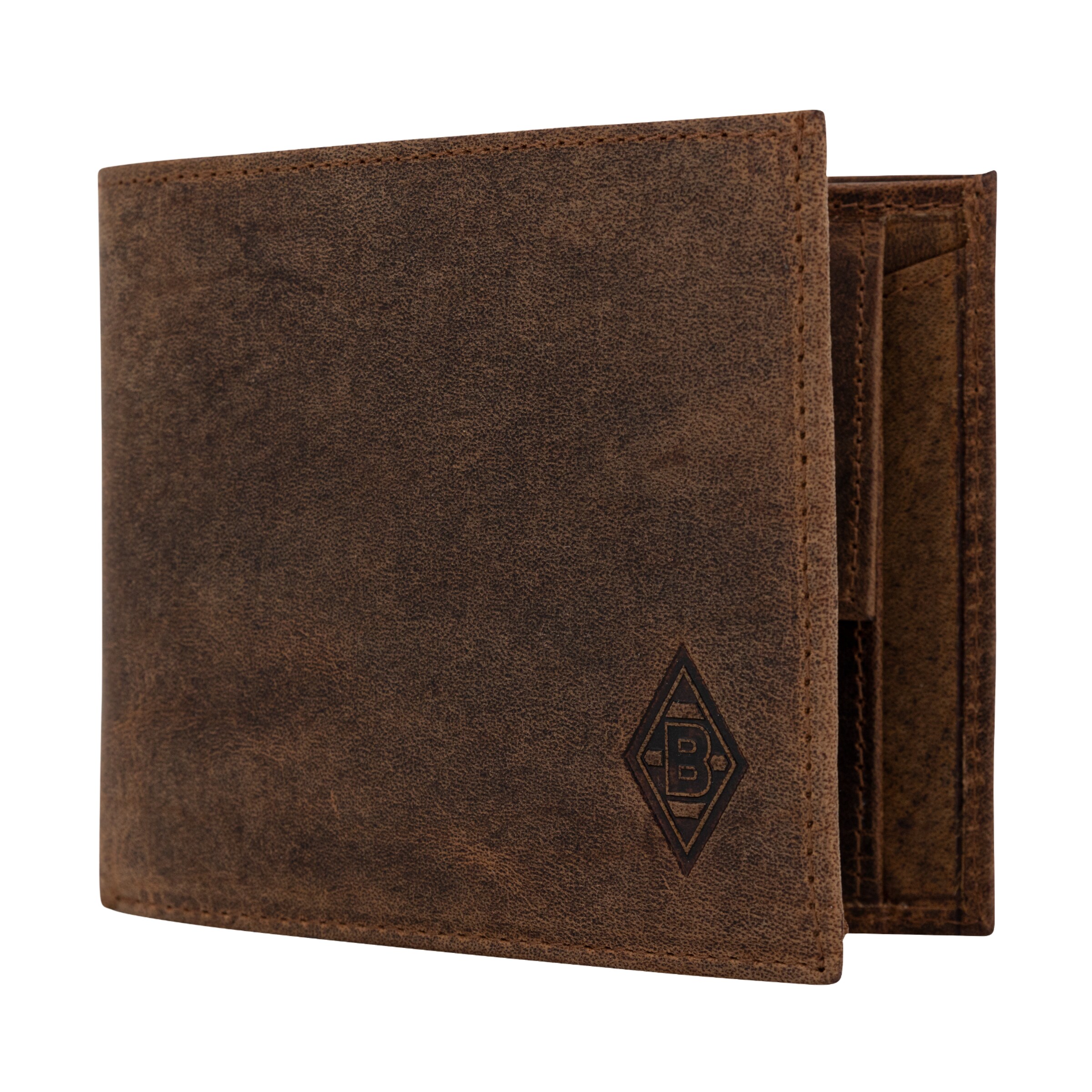 Braune Geldbörse aus Leder mit eingraviertem Borussia Mönchengladbach Logo.