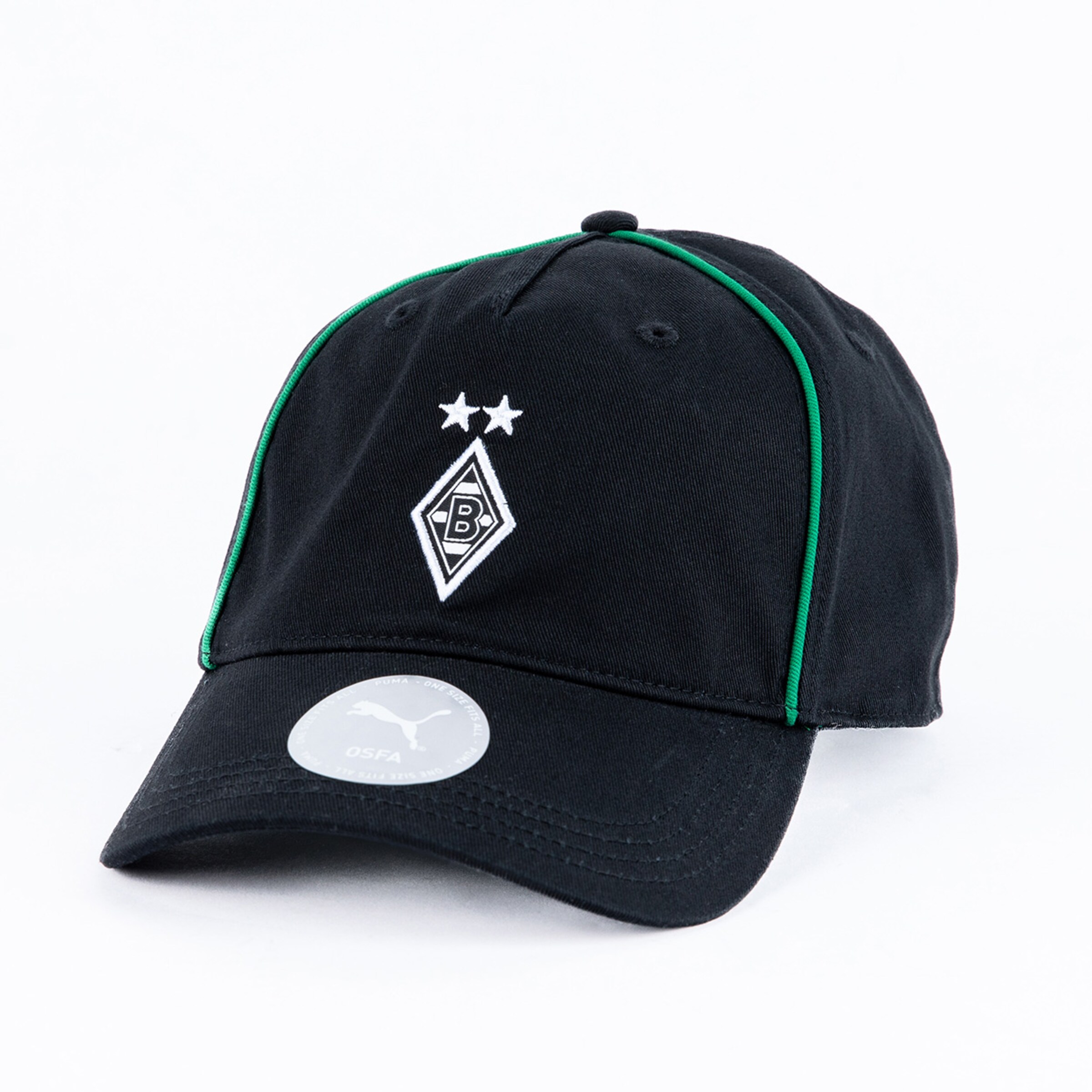 Schwarze Cap mit grünem Schrägstreifen und Borussia Mönchengladbach-Logo.