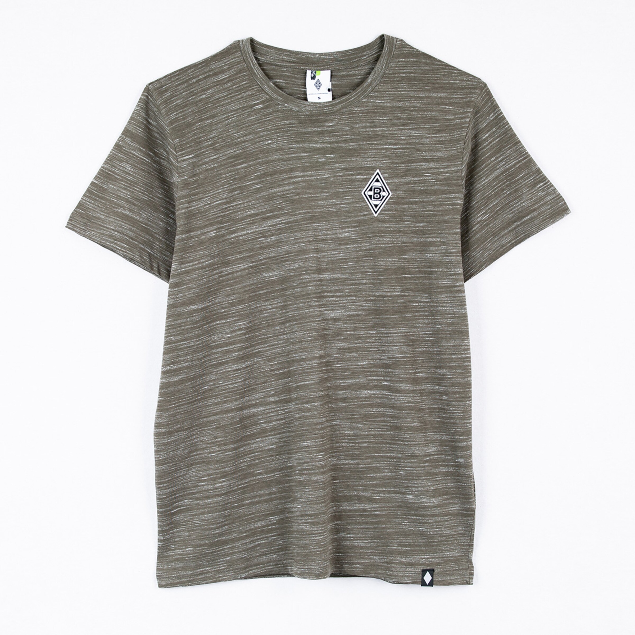 Melange-T-Shirt in Khaki mit weißer Strukturierung, kleinem Rauten-Logo mit „B“ auf der Brust und Rundhalsausschnitt.