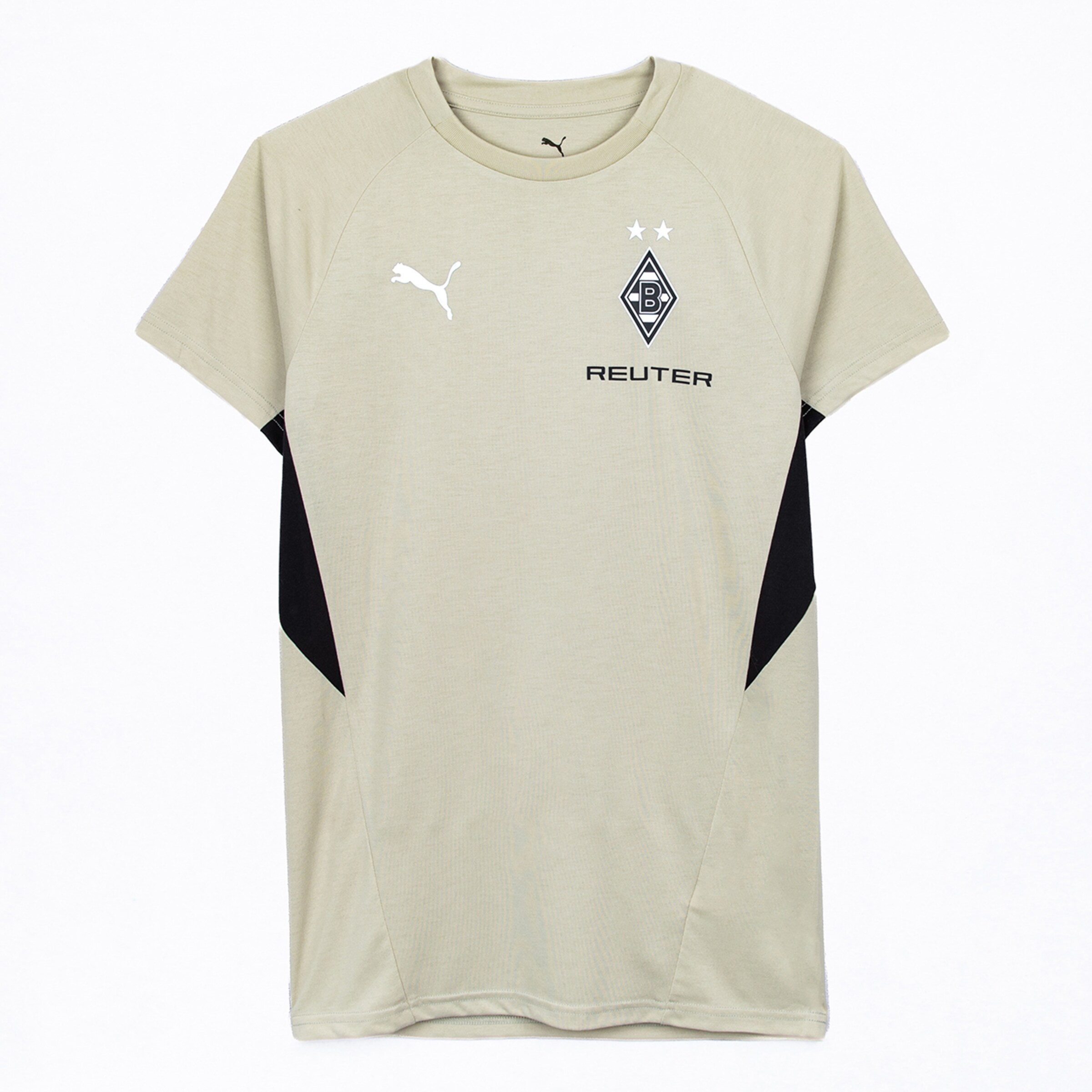 Beiges kurzärmeliges Fußballtrainingsshirt mit schwarzen Seiteneinsätzen. Es zeigt ein weißes Puma-Logo, das Borussia Mönchengladbach Wappen mit zwei Sternen und den Schriftzug 'REUTER' auf der Vorderseite.