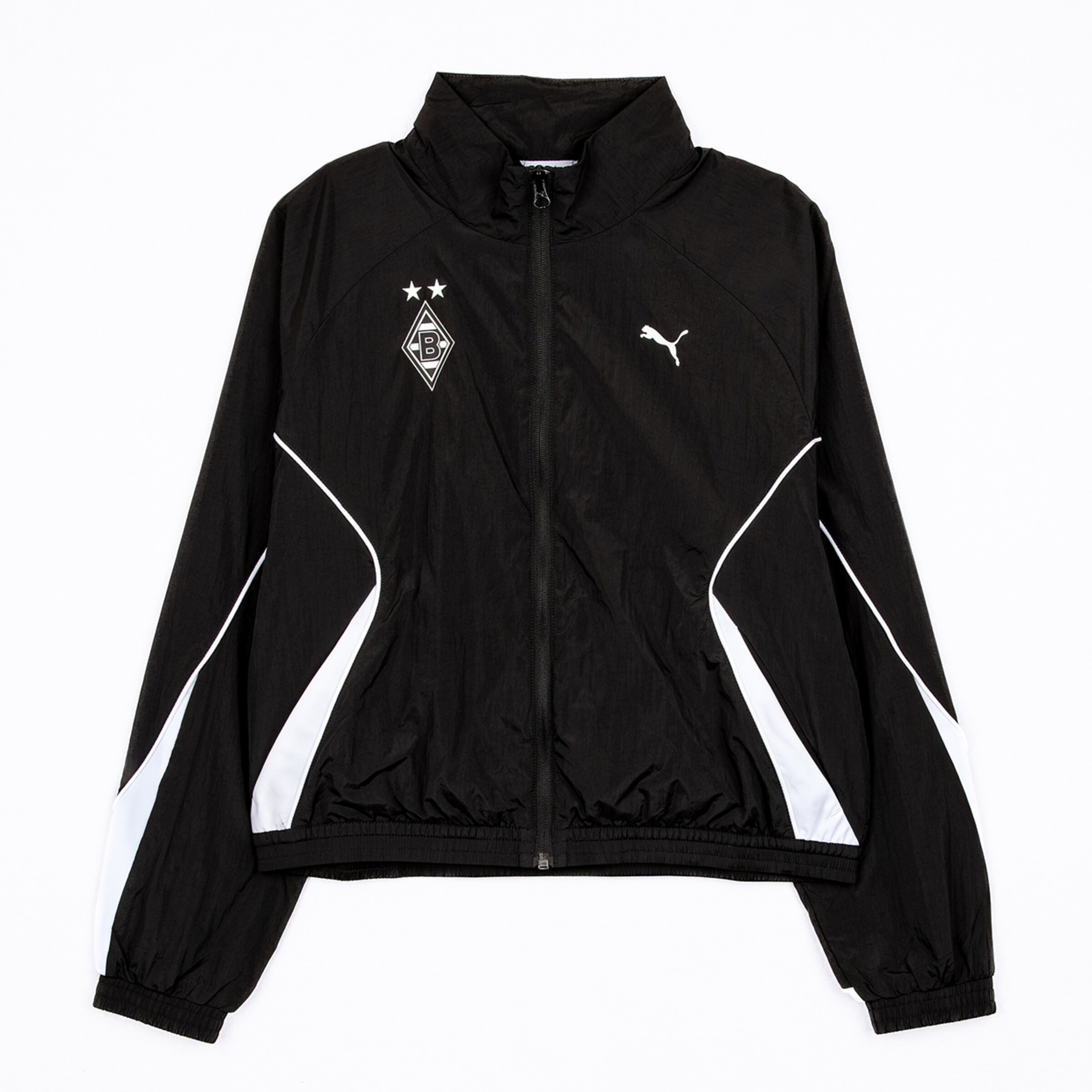 Schwarze Puma Trainingsjacke von Borussia Mönchengladbach mit Vereinswappen, Logo und weißen Einsätzen an den Seiten.