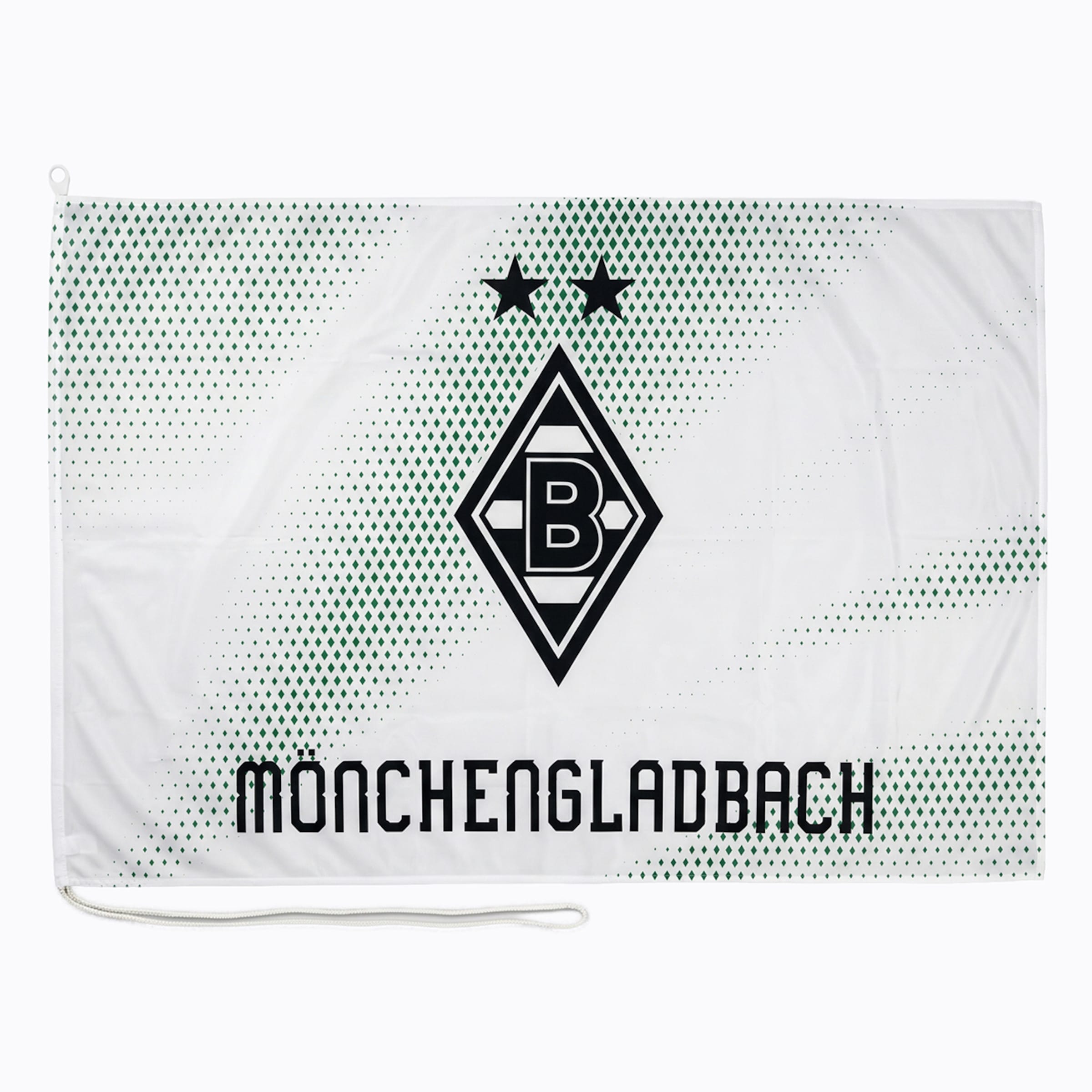 Weiße Flagge von Borussia Mönchengladbach mit Vereinslogo, zwei Sternen, Schriftzug und grünem Punktmuster-Verlauf.