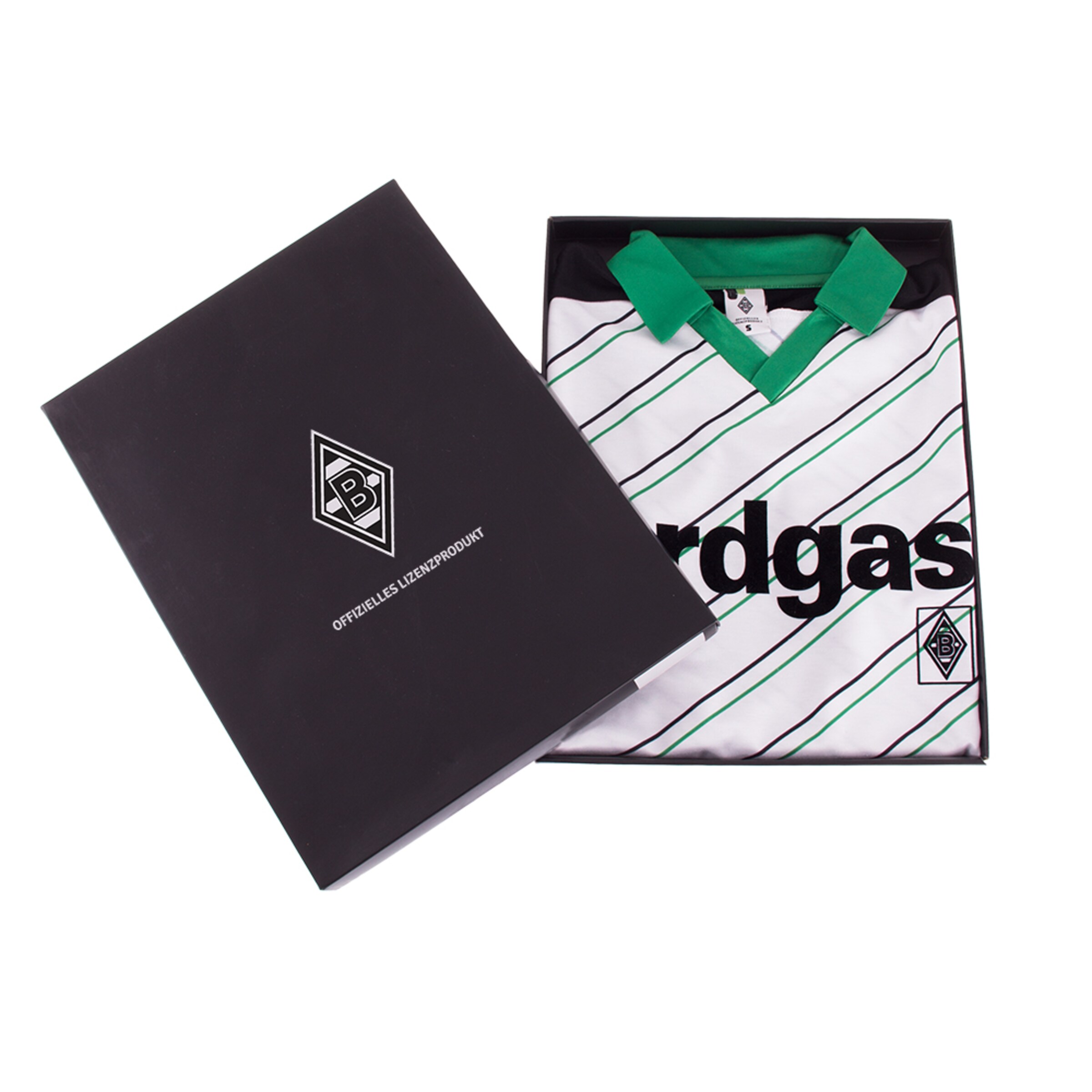 Schwarz-weißes Trikot von Borussia Mönchengladbach in Geschenkverpackung.