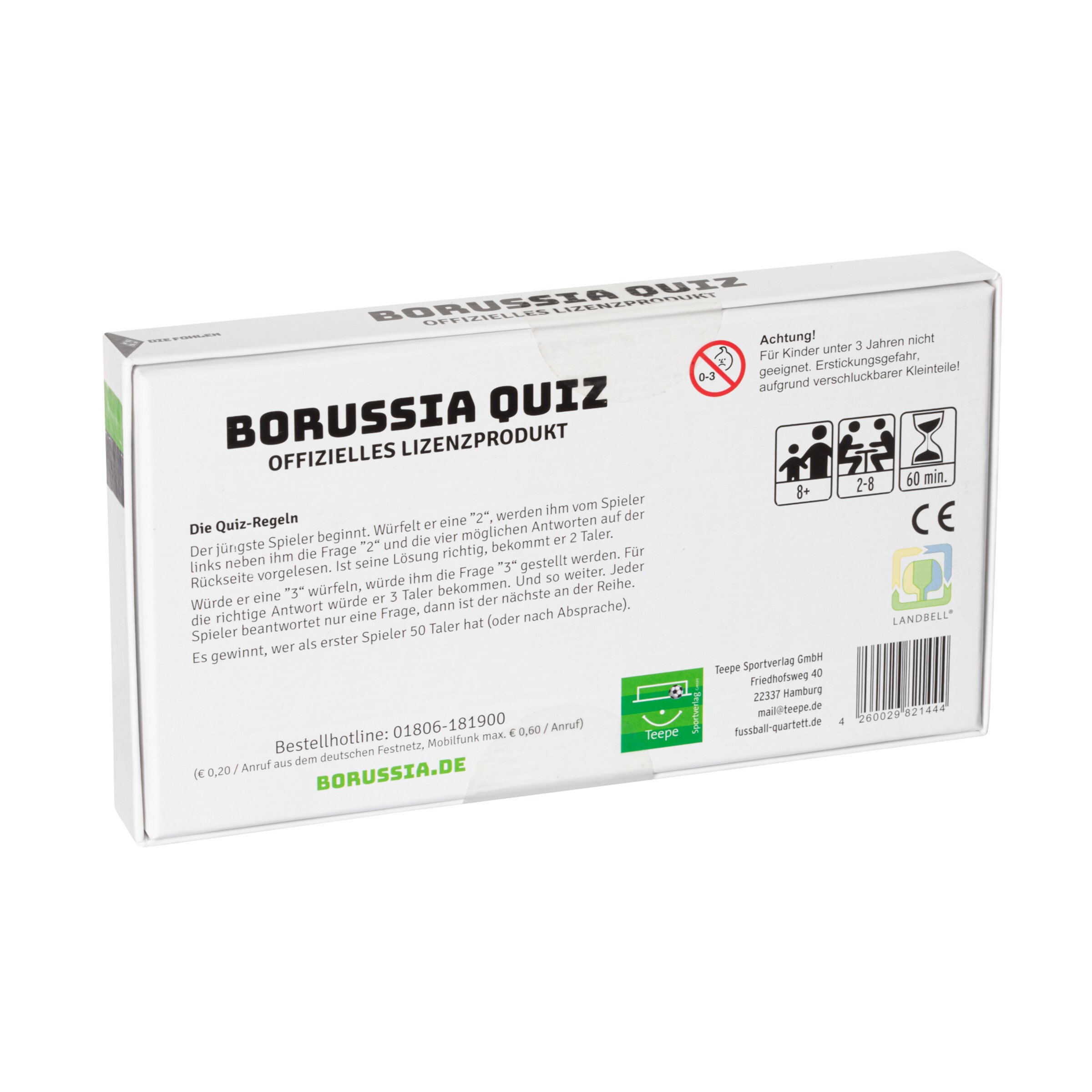 Rückseite des Spiels Borussia Quiz mit Regeln und Altersfreigabe.