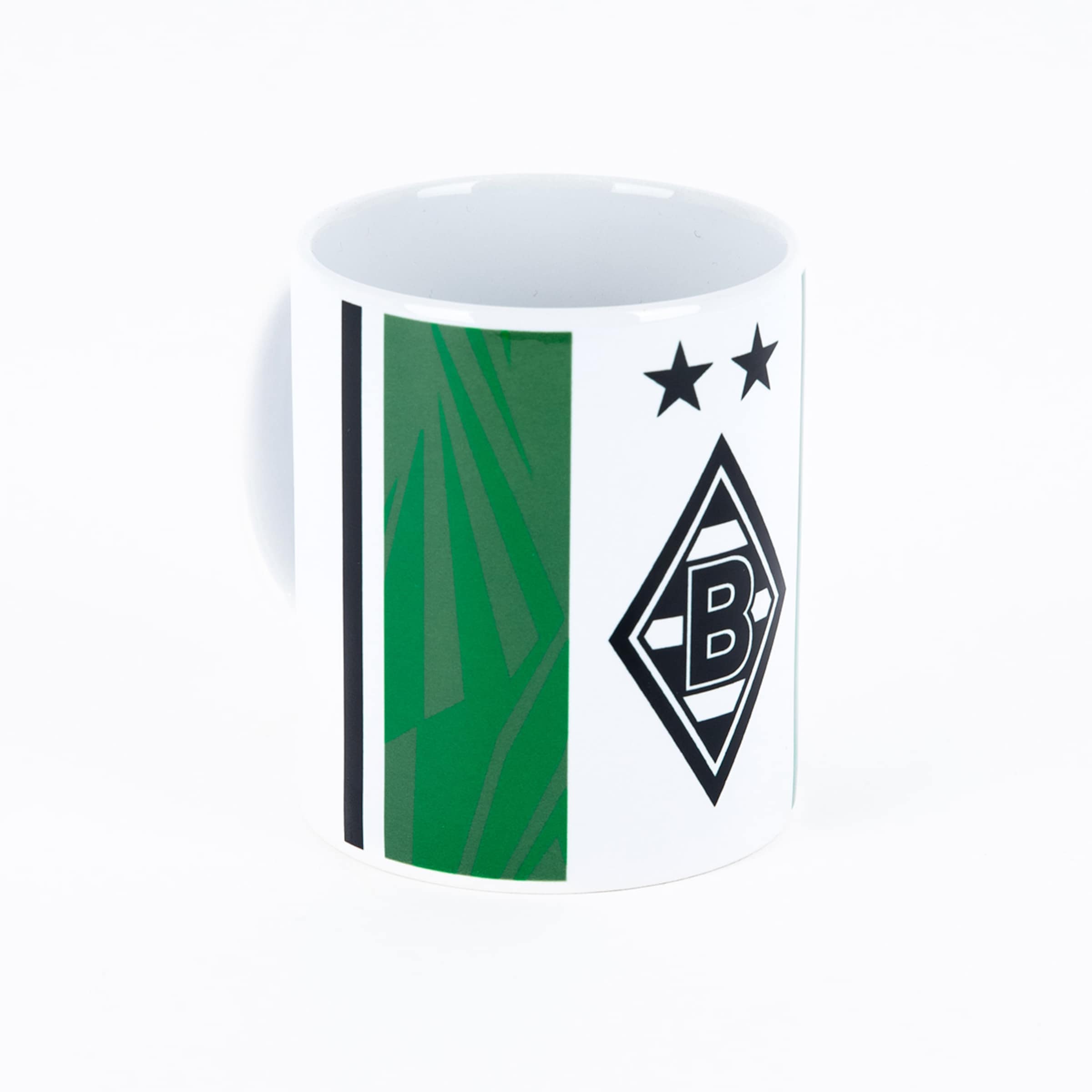 Weiße Tasse mit Borussia Mönchengladbach Logo, zwei Sternen und grünem Streifen mit geometrischem Muster.