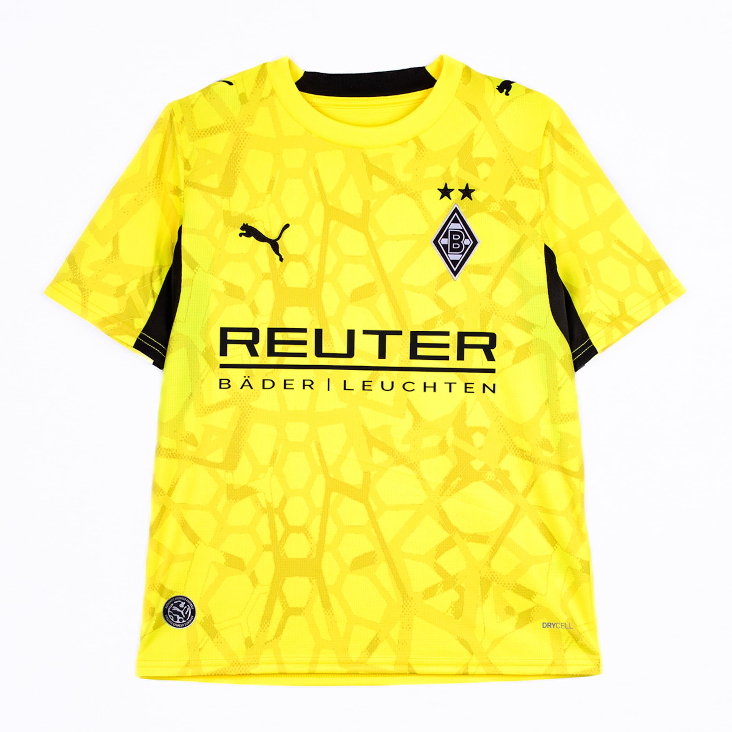 Gelbes Borussia Mönchengladbach Torwarttrikot von Puma mit REUTER-Schriftzug und geometrischem Muster.