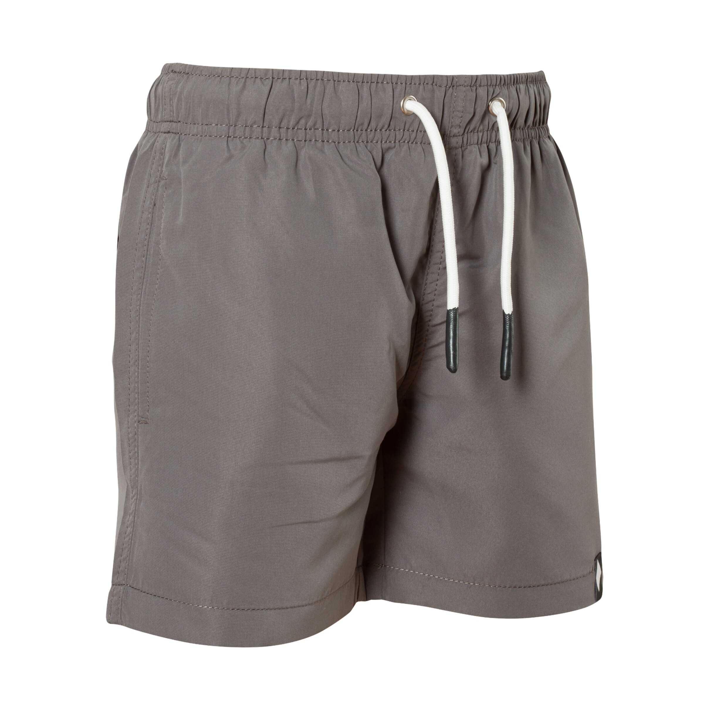Kurze graue Badeshorts mit elastischem Bund und Kordelzug.