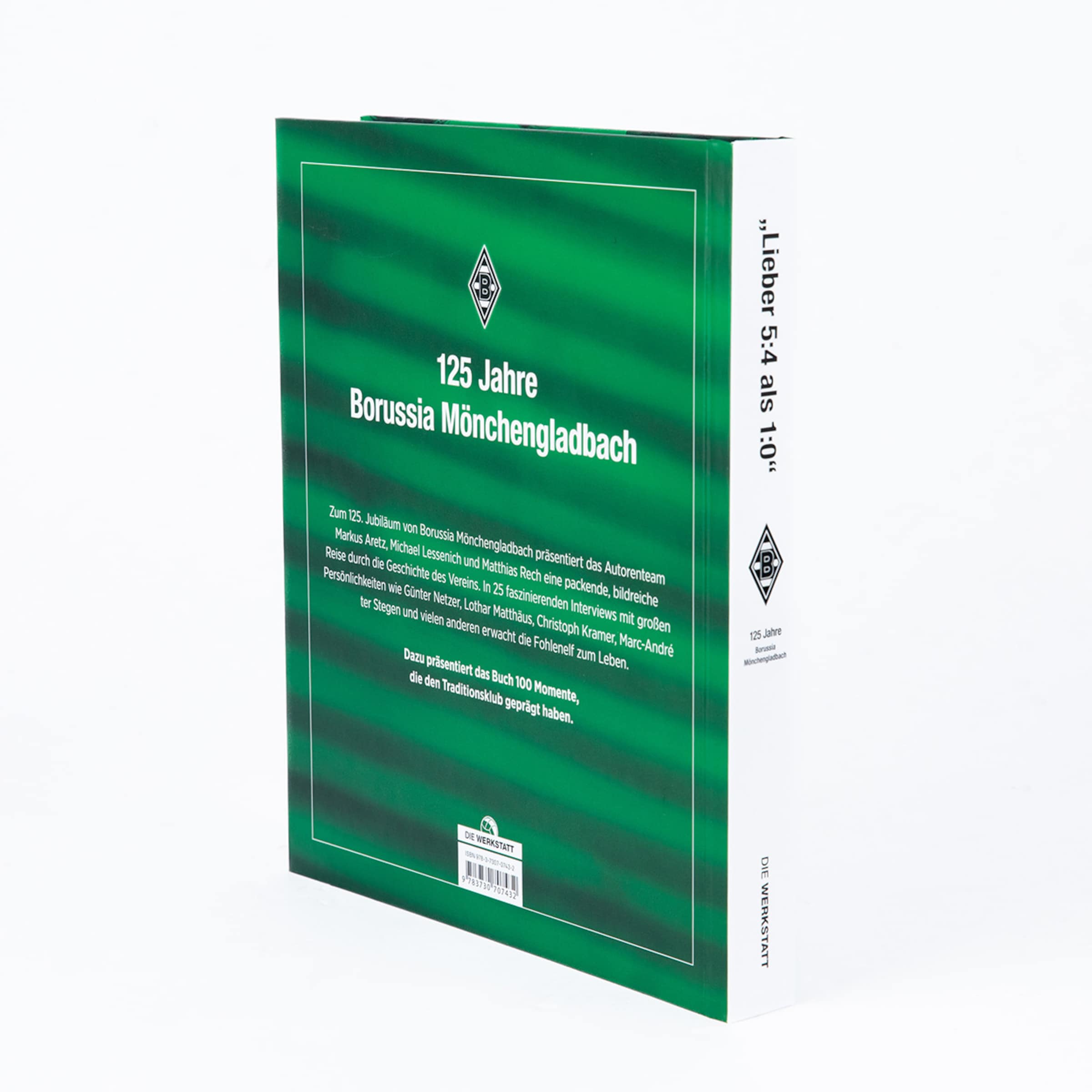 Buchcover zum 125. Jubiläum von Borussia Mönchengladbach mit grüner Hintergrundgestaltung und Text.