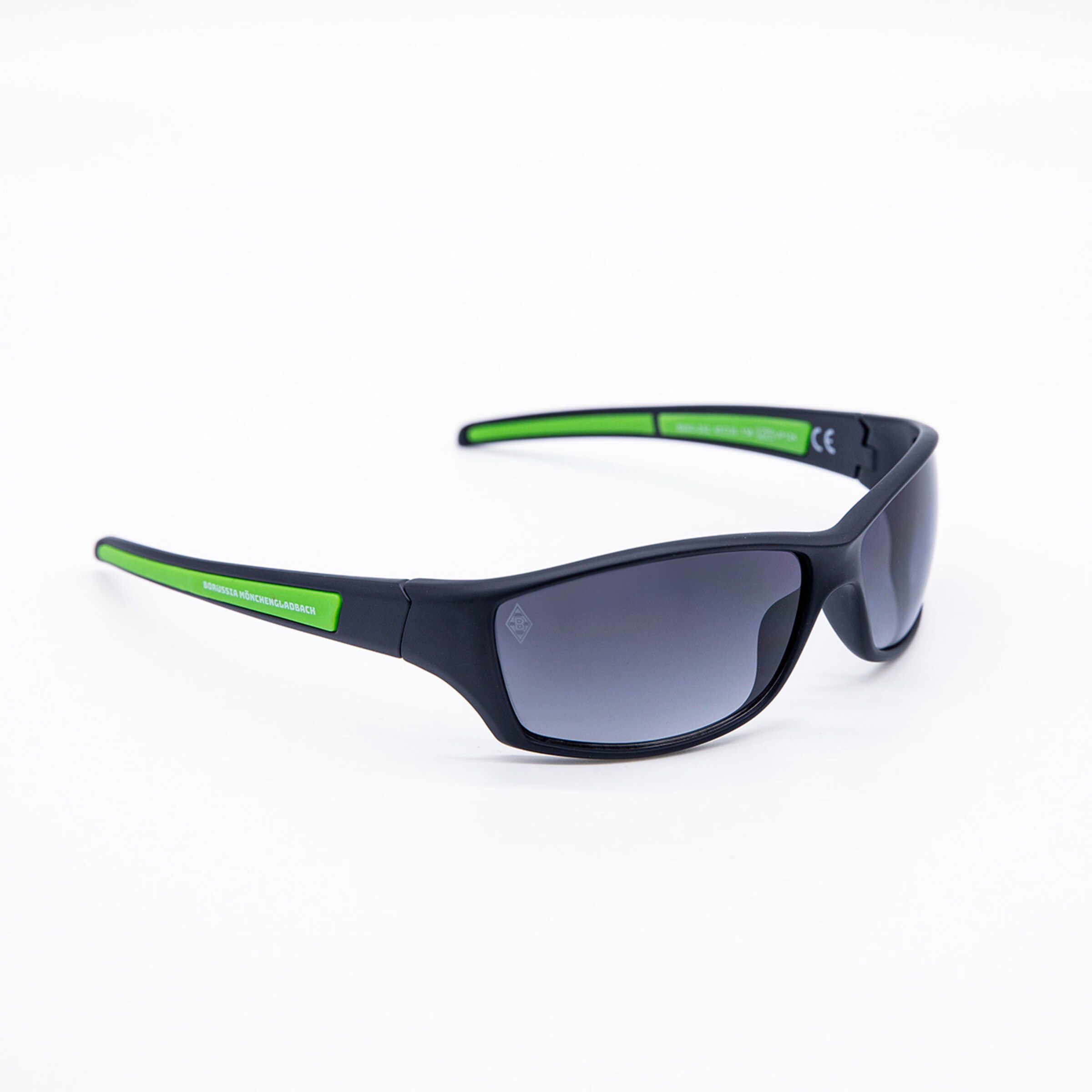 Black sunglasses with green accents.