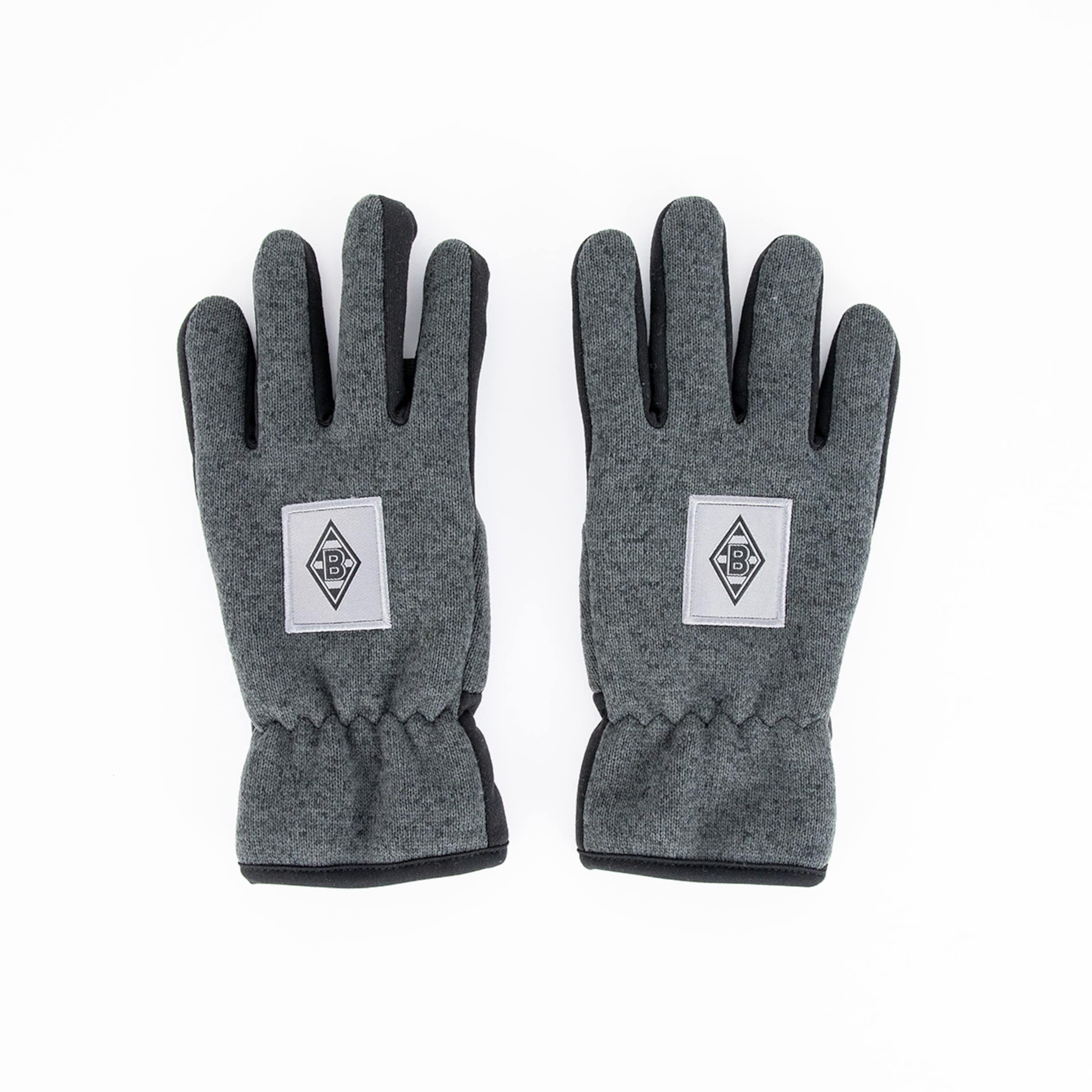 Grau gestrickte Handschuhe mit dem Borussia Mönchengladbach Logo auf der Oberseite.