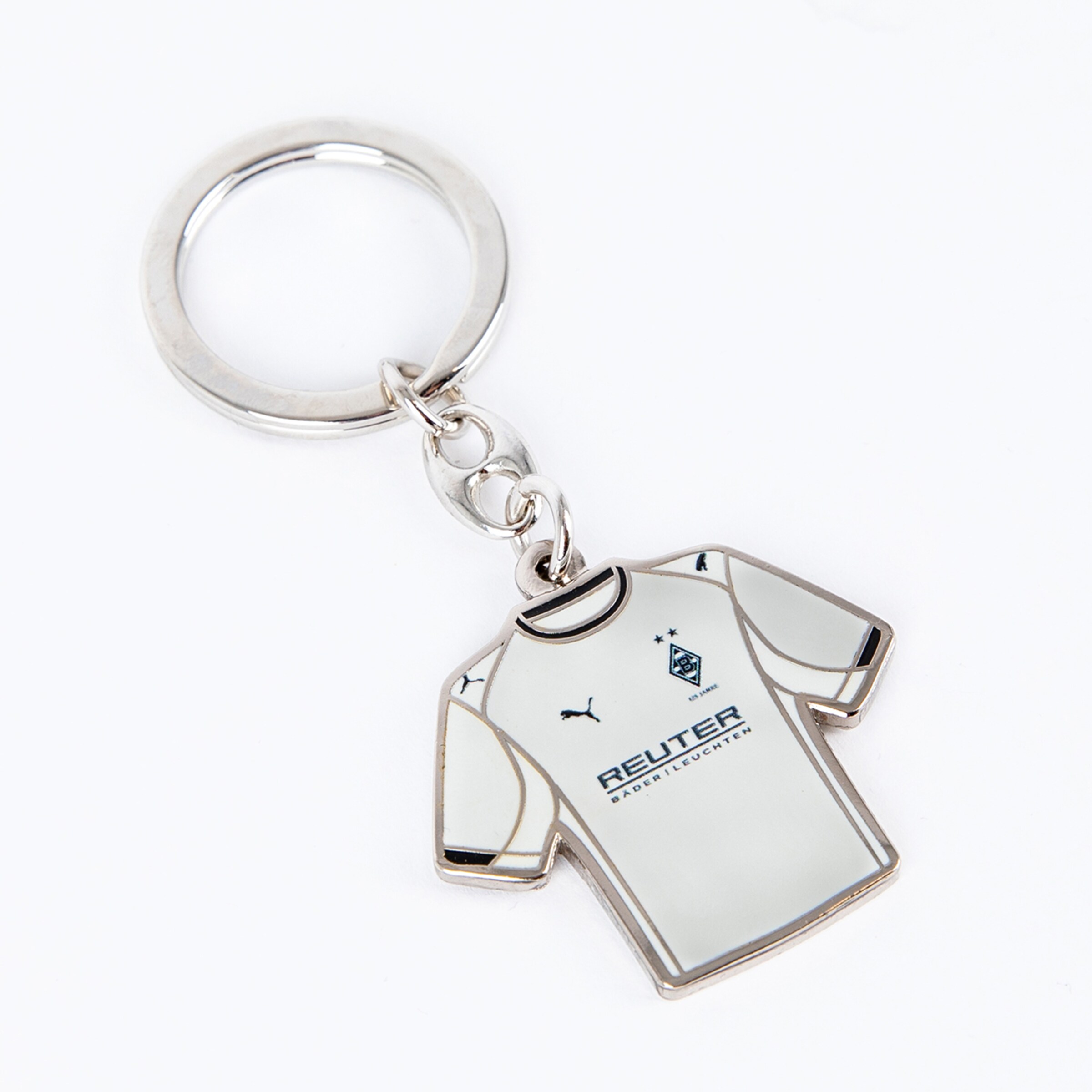 Schlüsselanhänger in Form eines weißen Trikots mit dem Logo von Borussia Mönchengladbach.