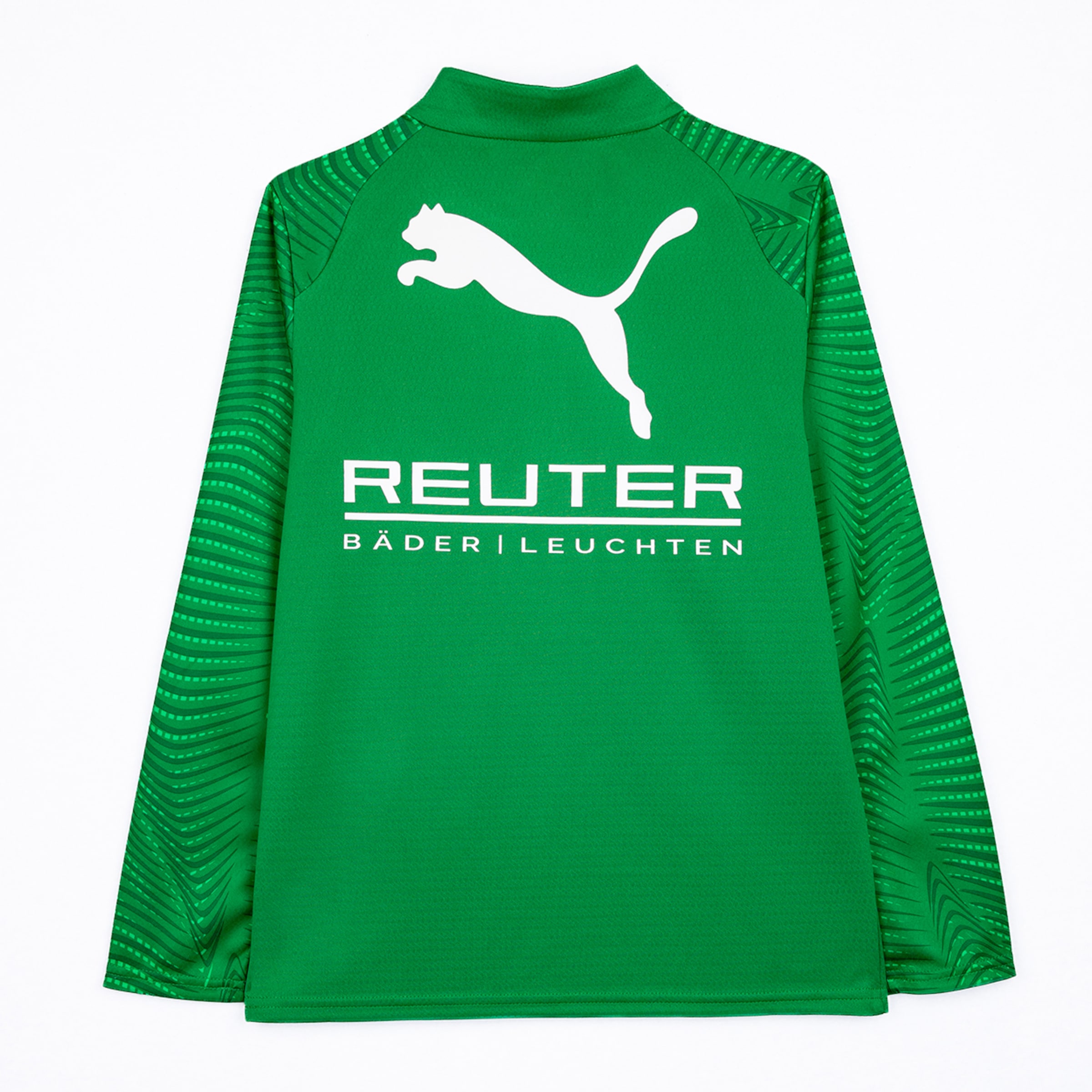 Green long-sleeved Puma sports shirt, back view. Features a large white Puma logo at the top, with 'REUTER' and 'BÄDER | LEUCHTEN' text below. Sleeves have a subtle striped pattern.