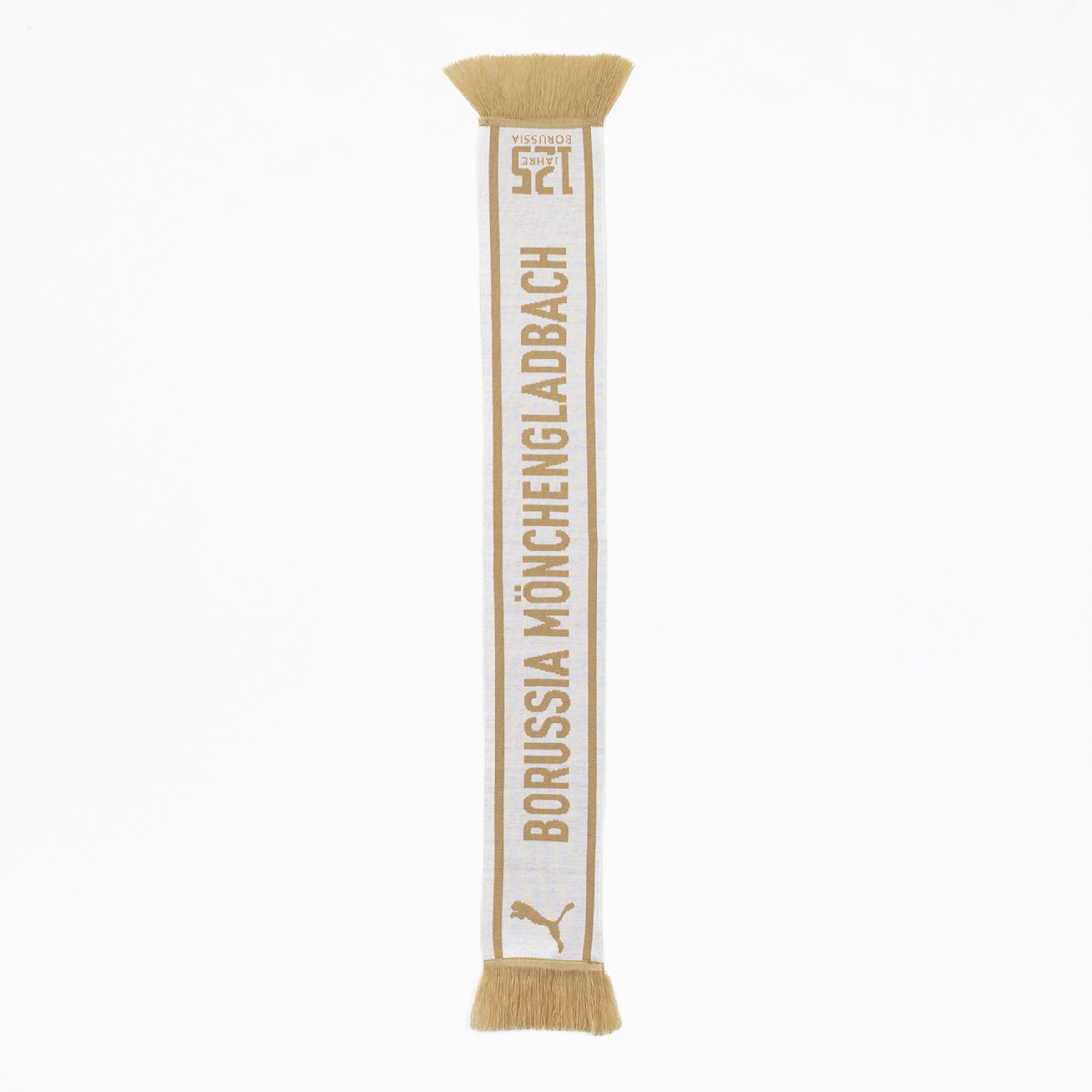 Cremefarbener Schal von Borussia Mönchengladbach zum 125. Jubiläum mit vertikalem goldenem Schriftzug und Puma-Logo.