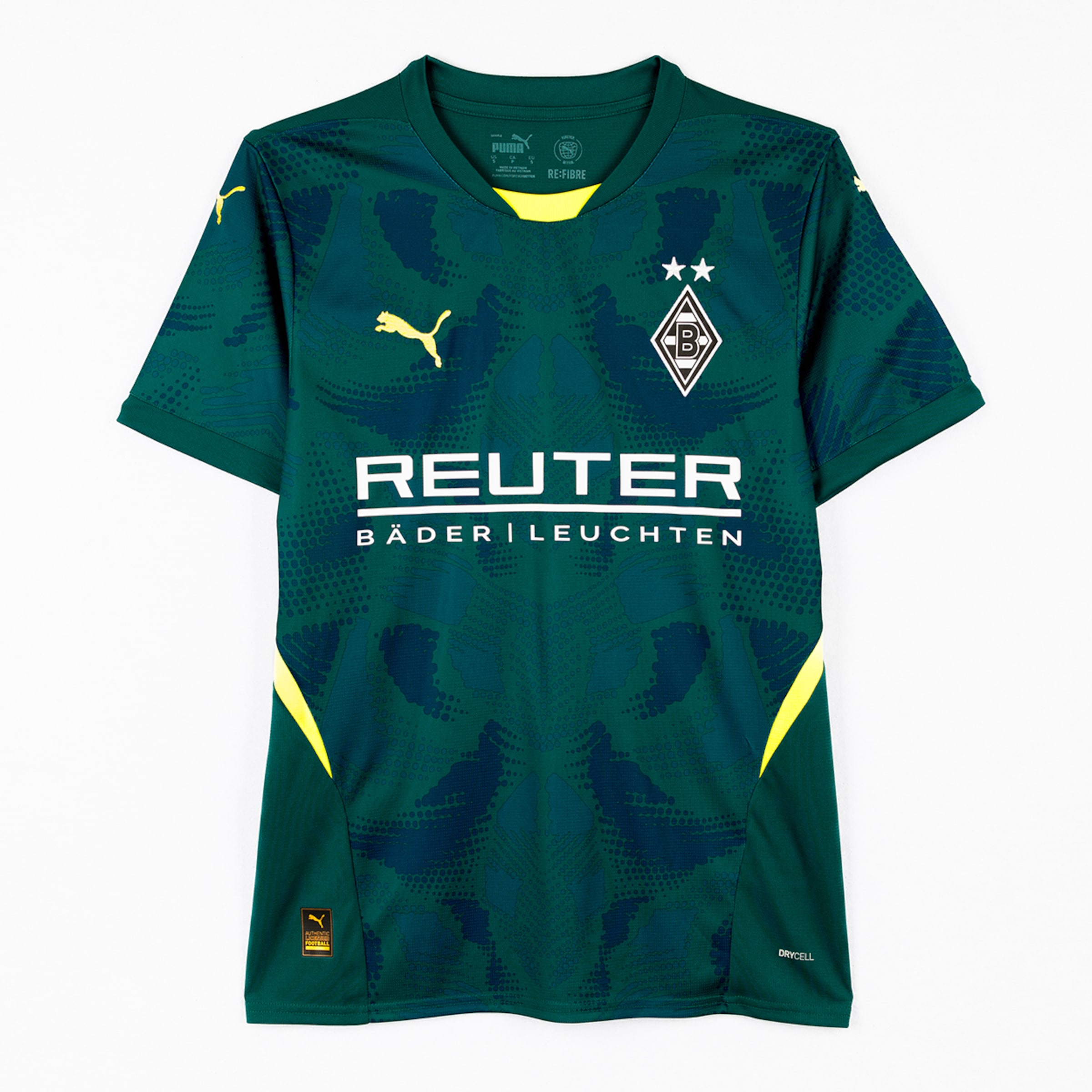 Dunkelgrünes Borussia Mönchengladbach Trikot von Puma mit gelben Details, Vereinswappen und weißem REUTER-Sponsorenschriftzug.