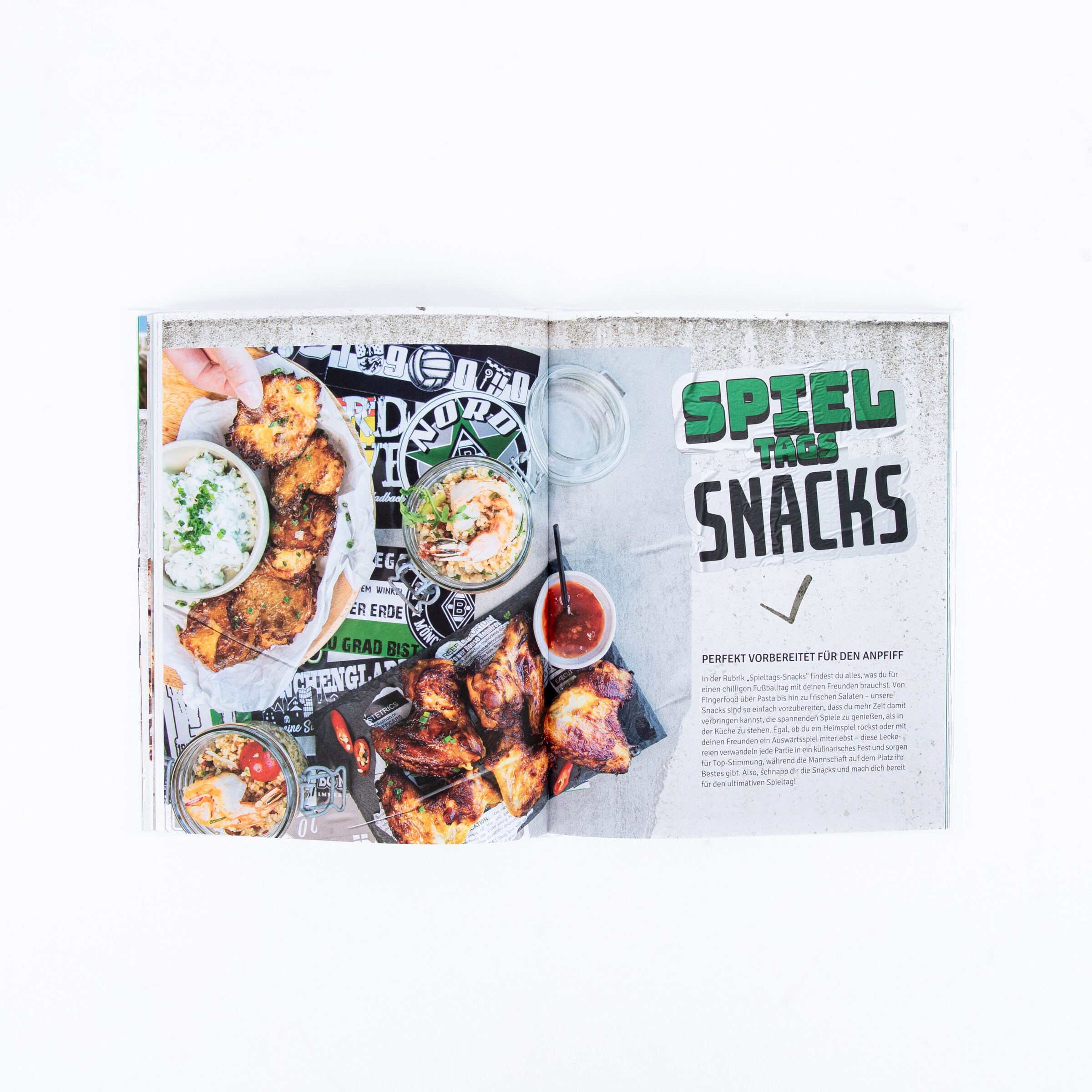 Open cookbook featuring snacks and recipes text Spieltags Snacks