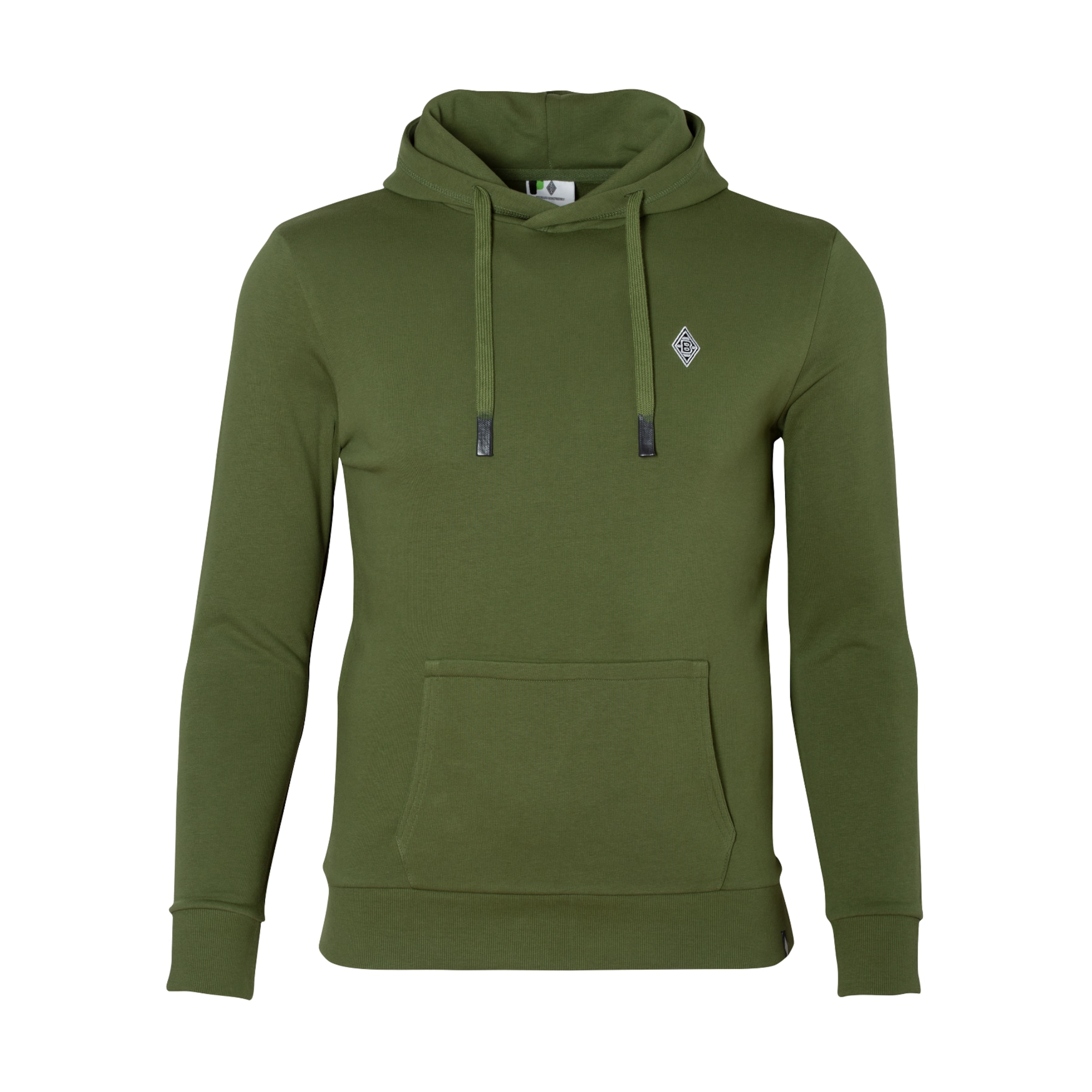 Olivegrüner Hoodie mit Kapuze, Kordelzug, Kängurutasche und kleinem Rauten-Logo auf der Brust.