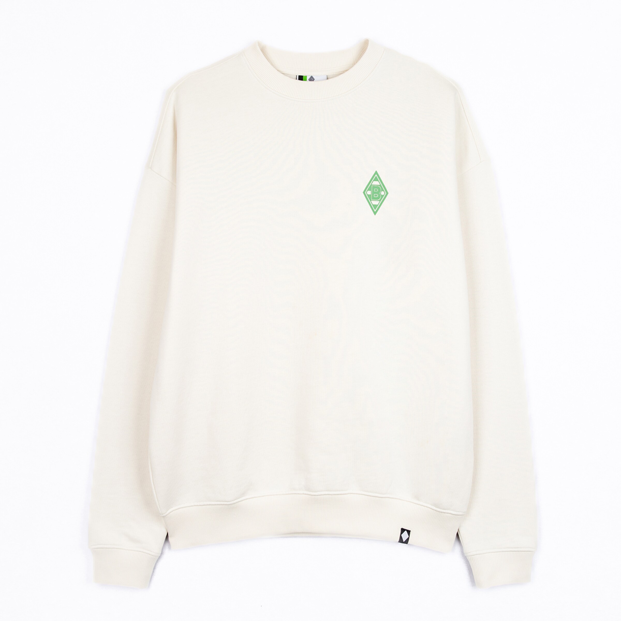 Beige Sweatshirt mit grünem Borussia Mönchengladbach-Logo auf der linken Brust.