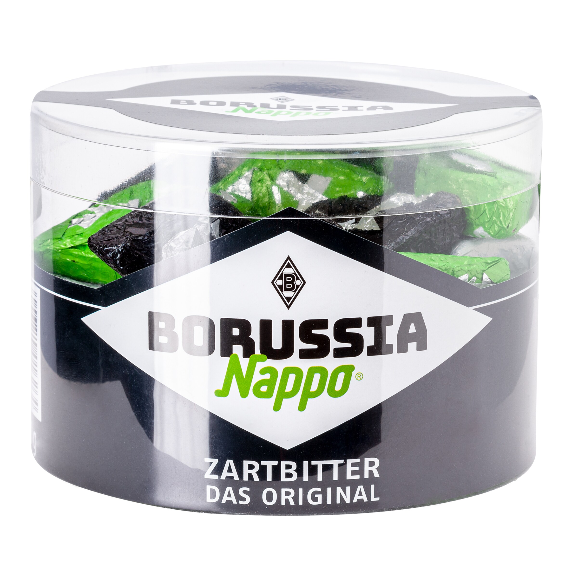 Dose mit Borussia Nappo Zartbitter-Pralinen in grün-schwarzer Folie, verziert mit dem Logo von Borussia Mönchengladbach.