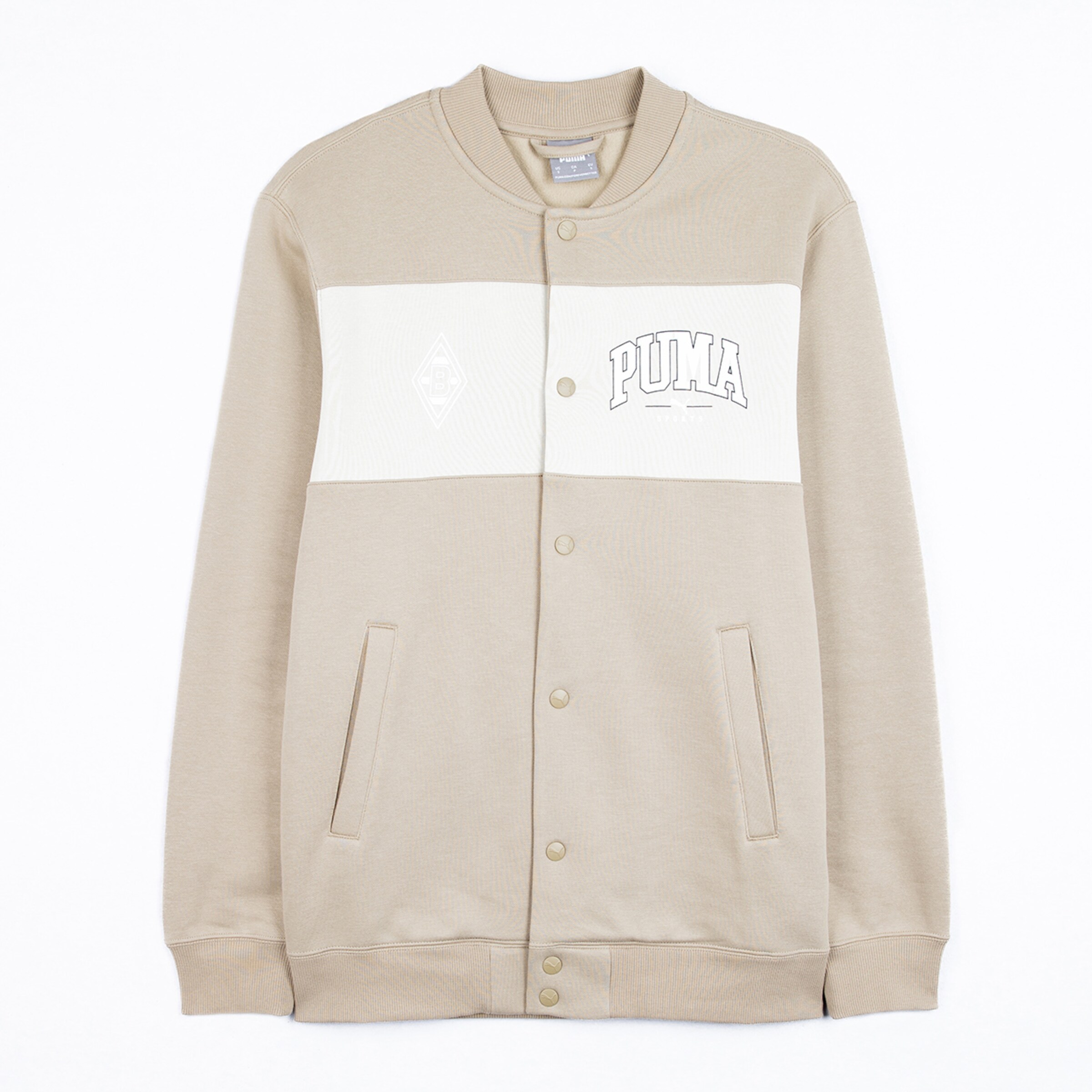 Beige Sweatjacke mit PUMA-Logo und zwei Taschen.