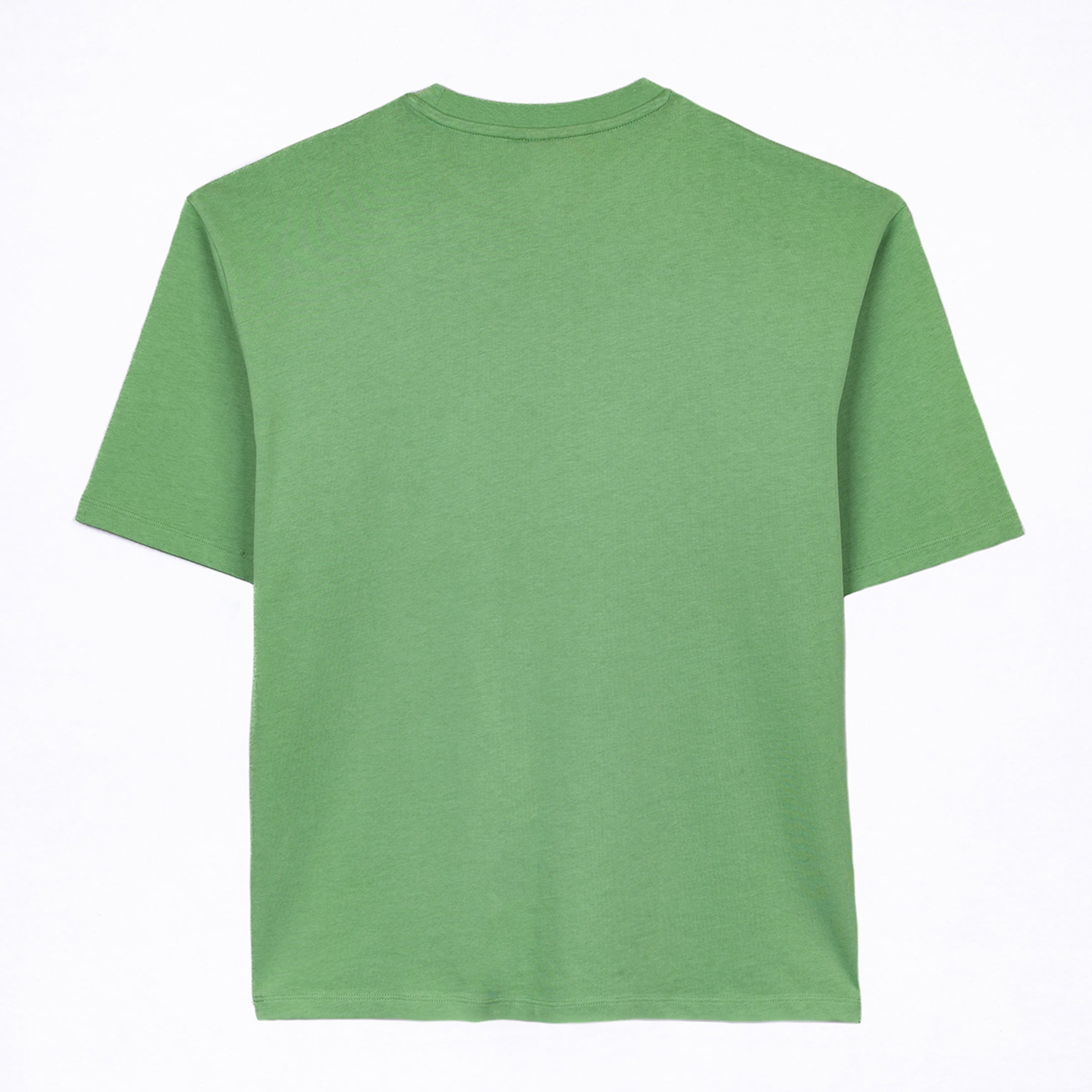 Rear view of a plain, short-sleeved t-shirt in light grass green, laid flat on a white background, with visible seams on the crew neck, sleeves, and hem.