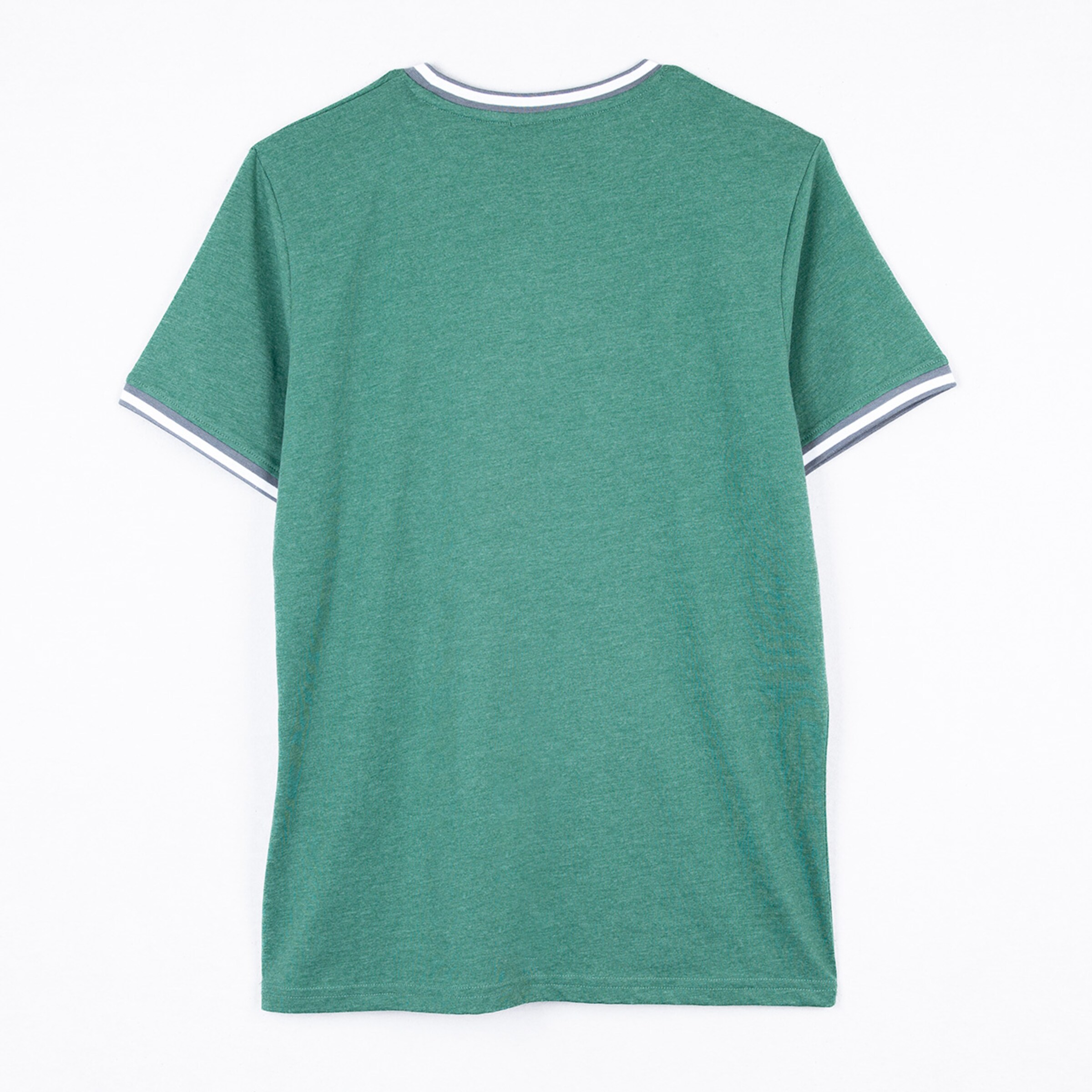 Green T-shirt with contrasting sleeves viewed from the back
