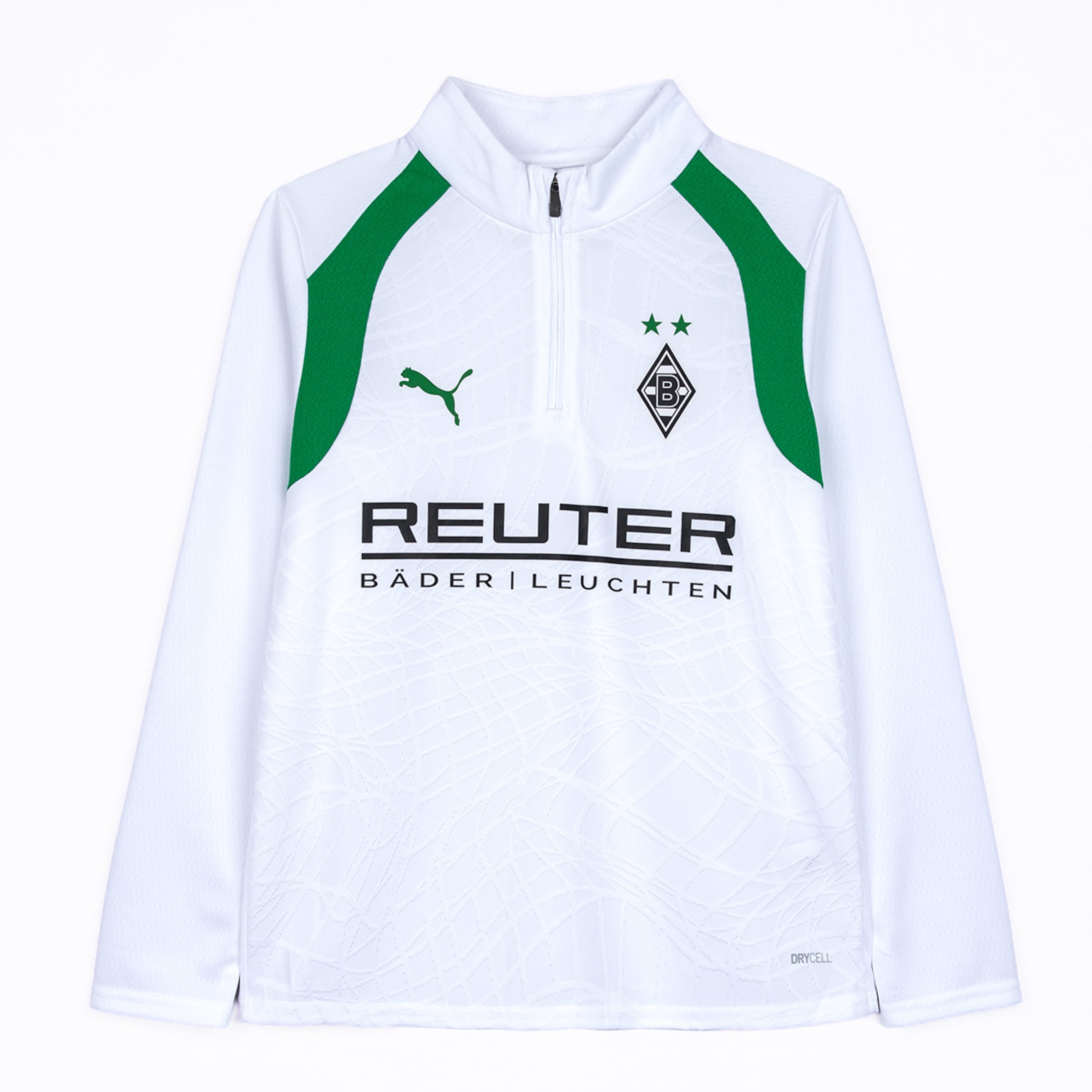White long-sleeved quarter-zip sports shirt with green shoulder panels, Puma logo, Borussia Mönchengladbach crest, "REUTER BÄDER | LEUCHTEN" sponsor, and subtle textured pattern.