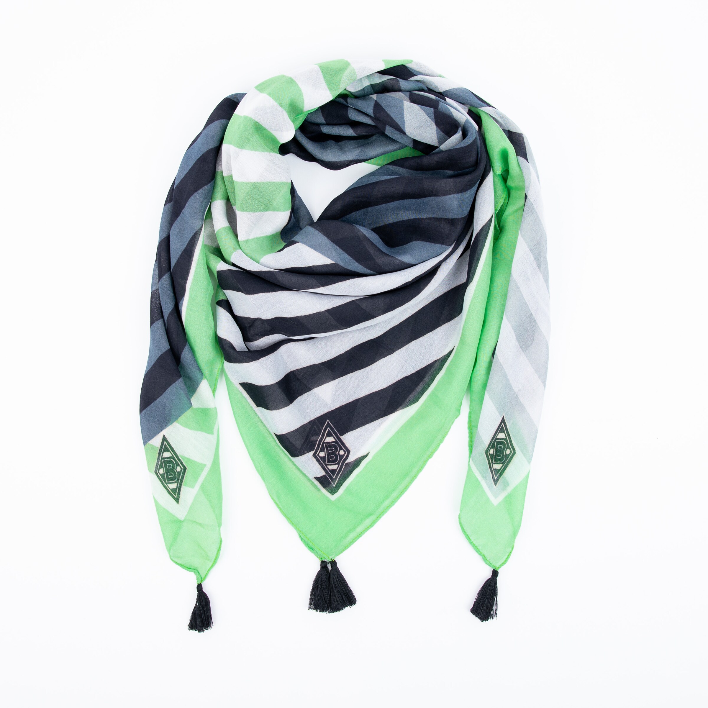 Dreieckiger Schal in schwarz grün und weiß mit Club-Logo von Borussia Mönchengladbach.