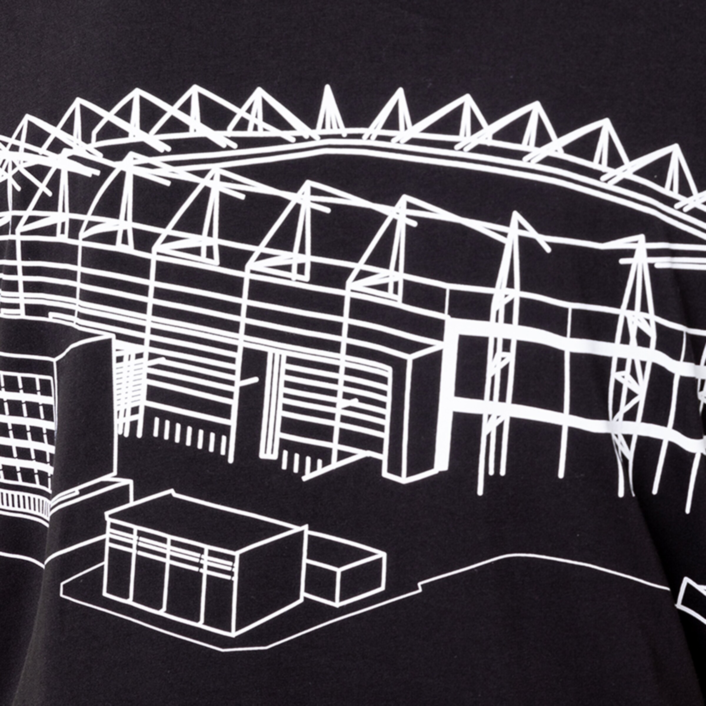 Illustration des Borussia Mönchengladbach Stadions in weiß auf schwarzem Hintergrund.