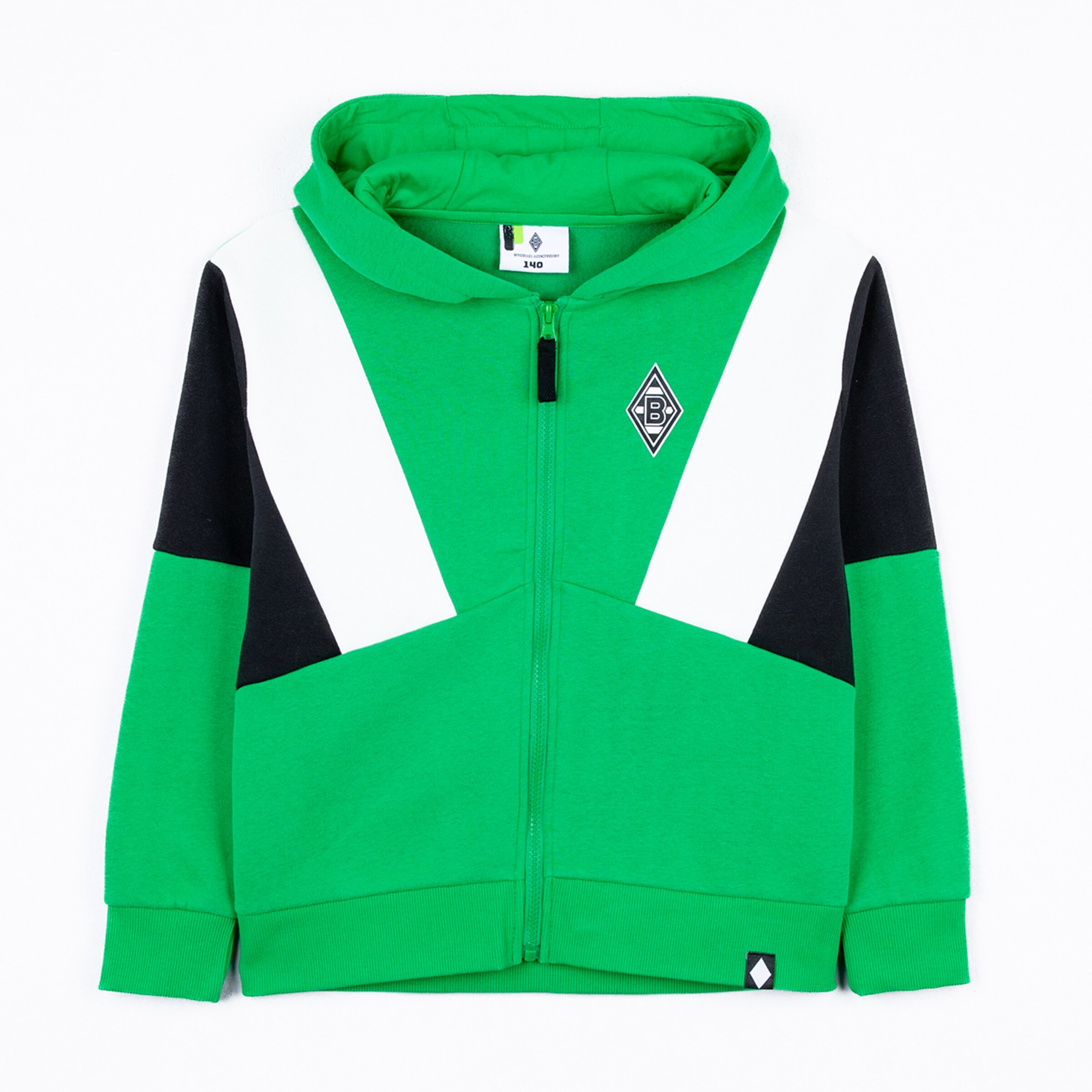 Green kids hoodie with a zip featuring white and black accents Borussia Mönchengladbach logo.