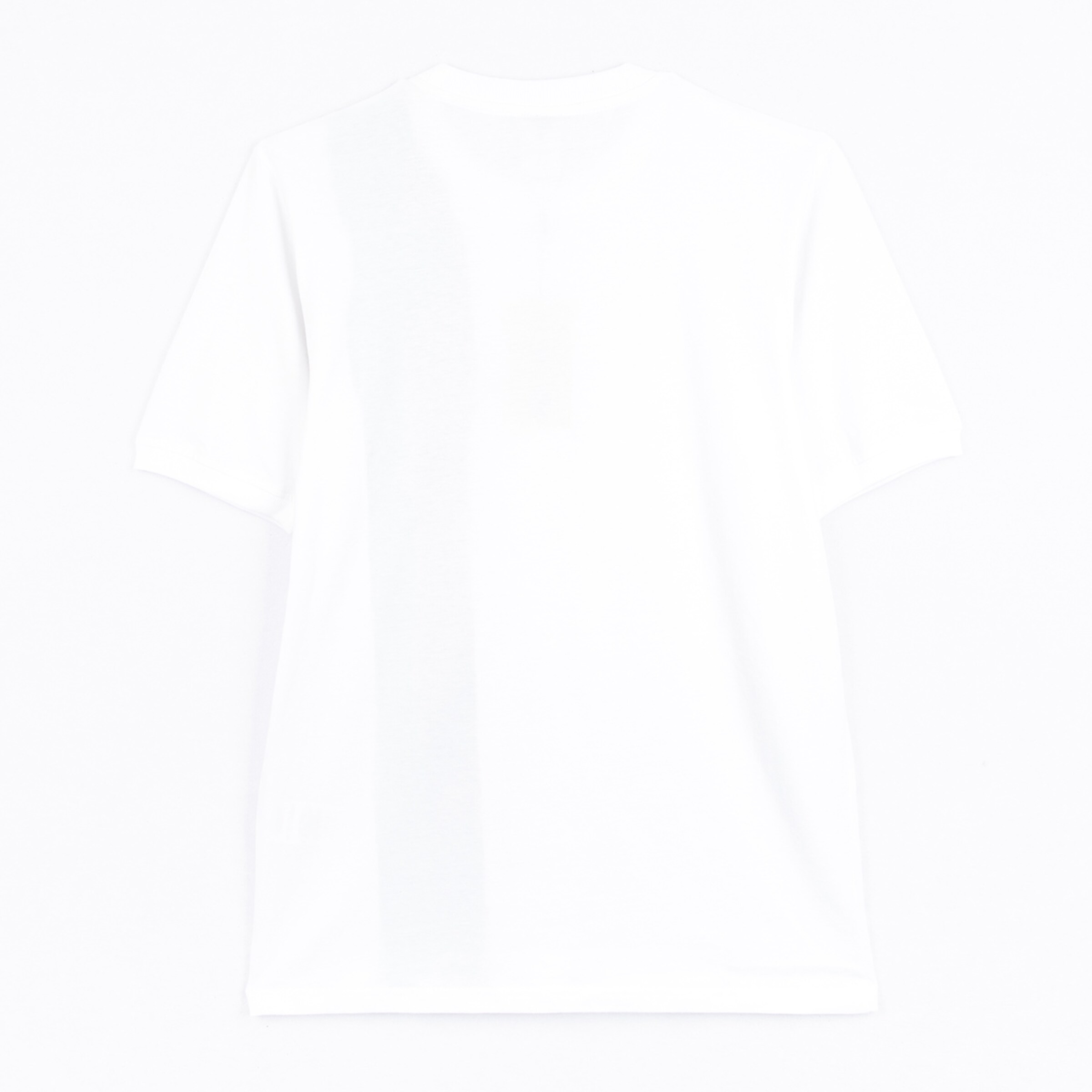 Weißes kurzes T-Shirt mit Rundhalsausschnitt und schlichten Ärmeln Rückansicht.