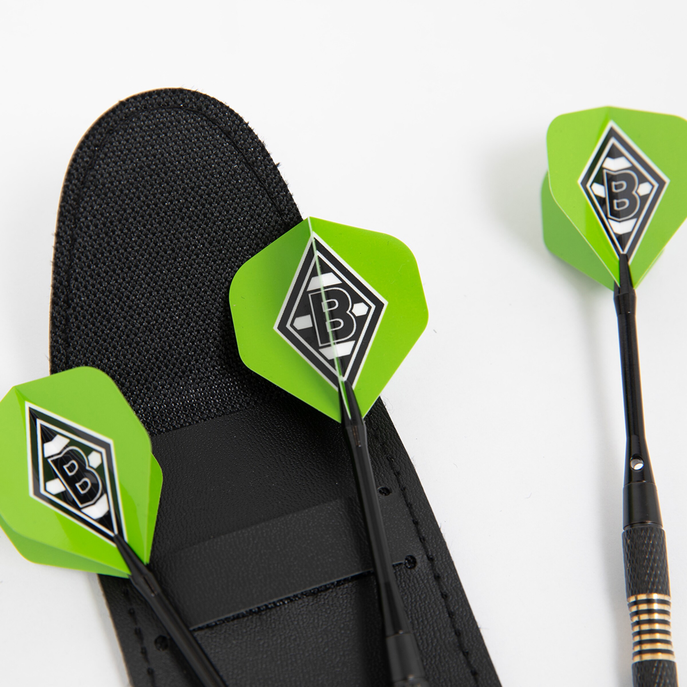 Darts mit Borussia Mönchengladbach-Logo in grün in einem schwarzen Dartetui.