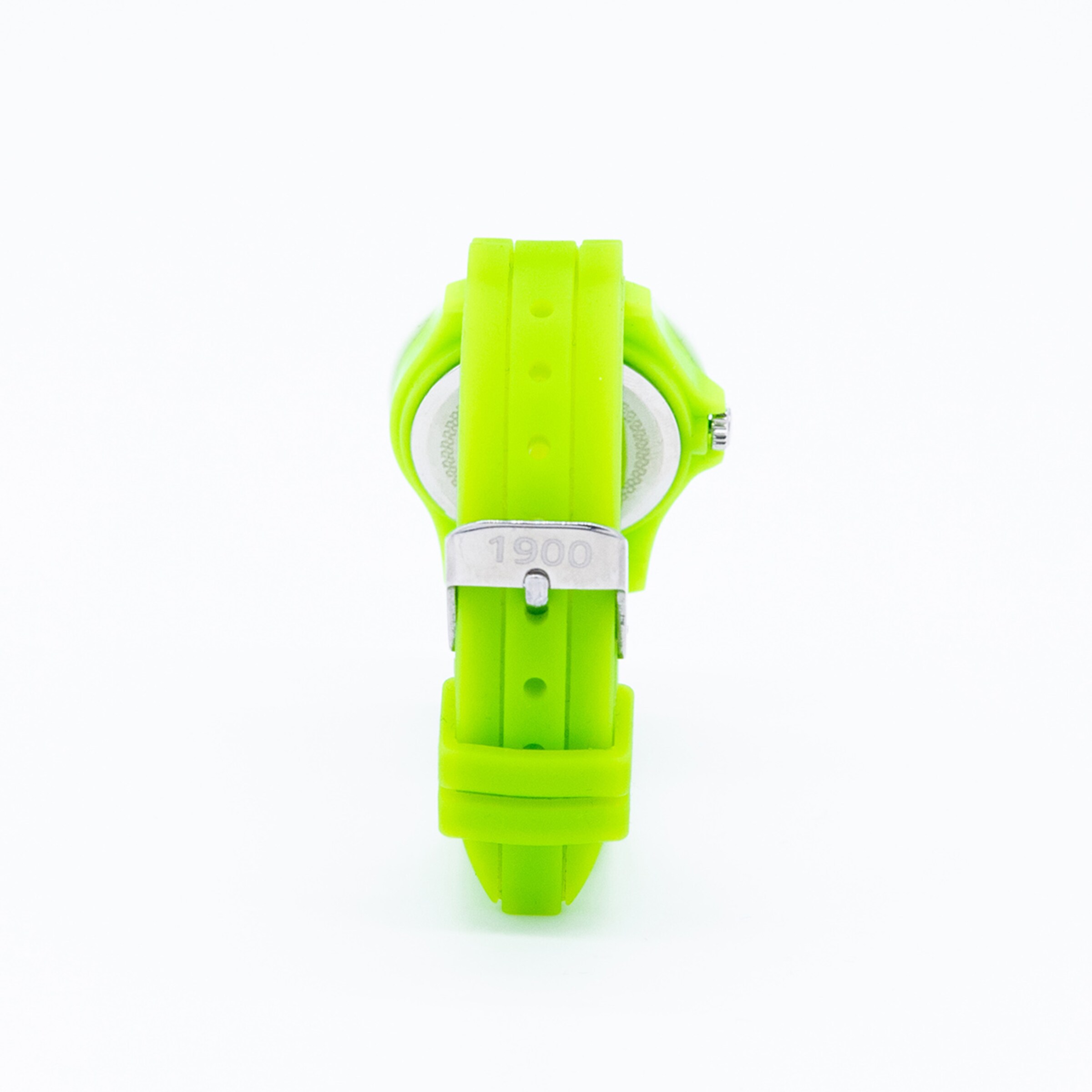 Grüne Sportuhr mit Silikonarmband und runder Uhranzeige auf der linken Seite.