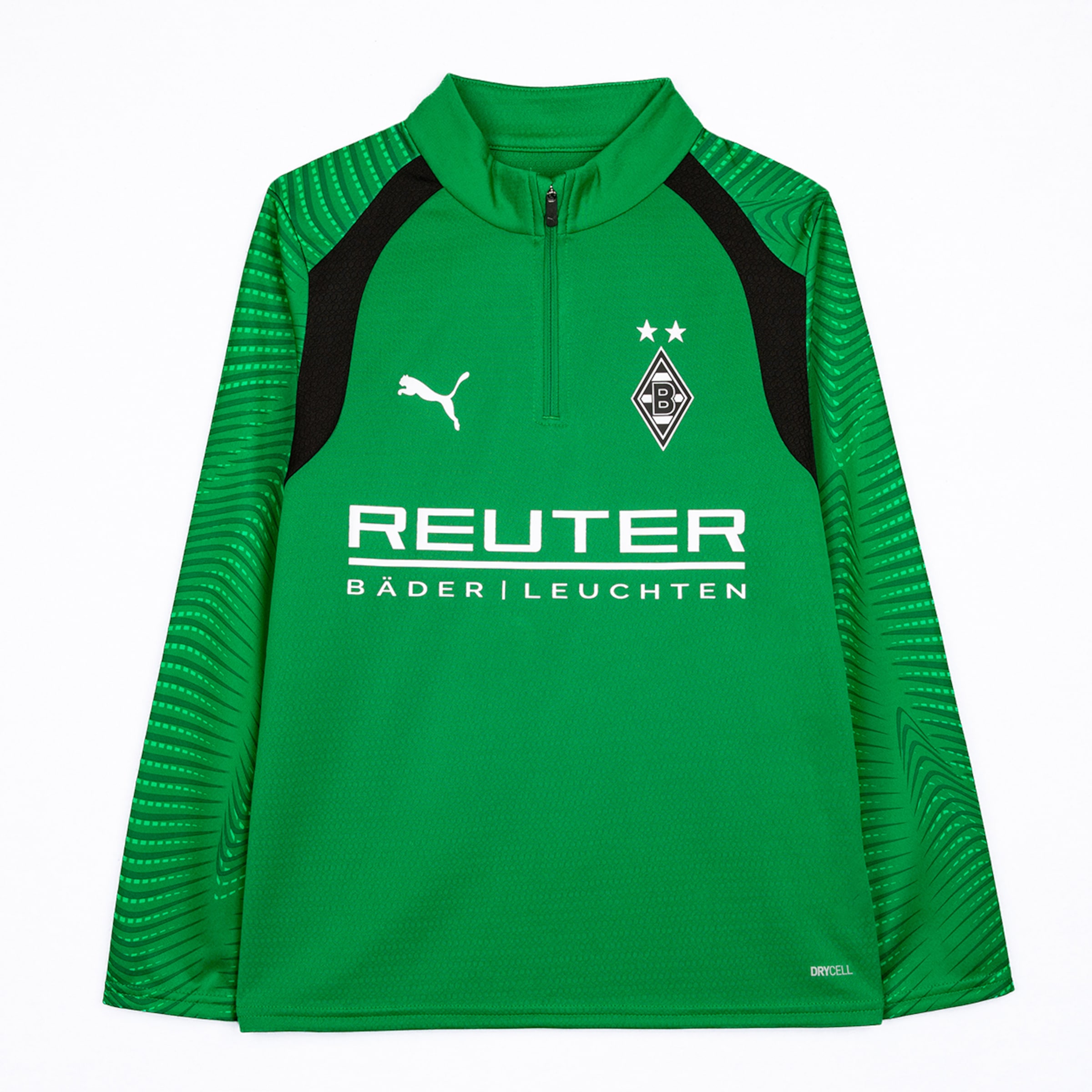 Green long-sleeve Puma football training top for Borussia Mönchengladbach with a quarter-zip. Features Puma logo, club crest with two stars, 'REUTER' sponsor, and 'DRYCELL' branding. Sleeves have a subtle green pattern.
