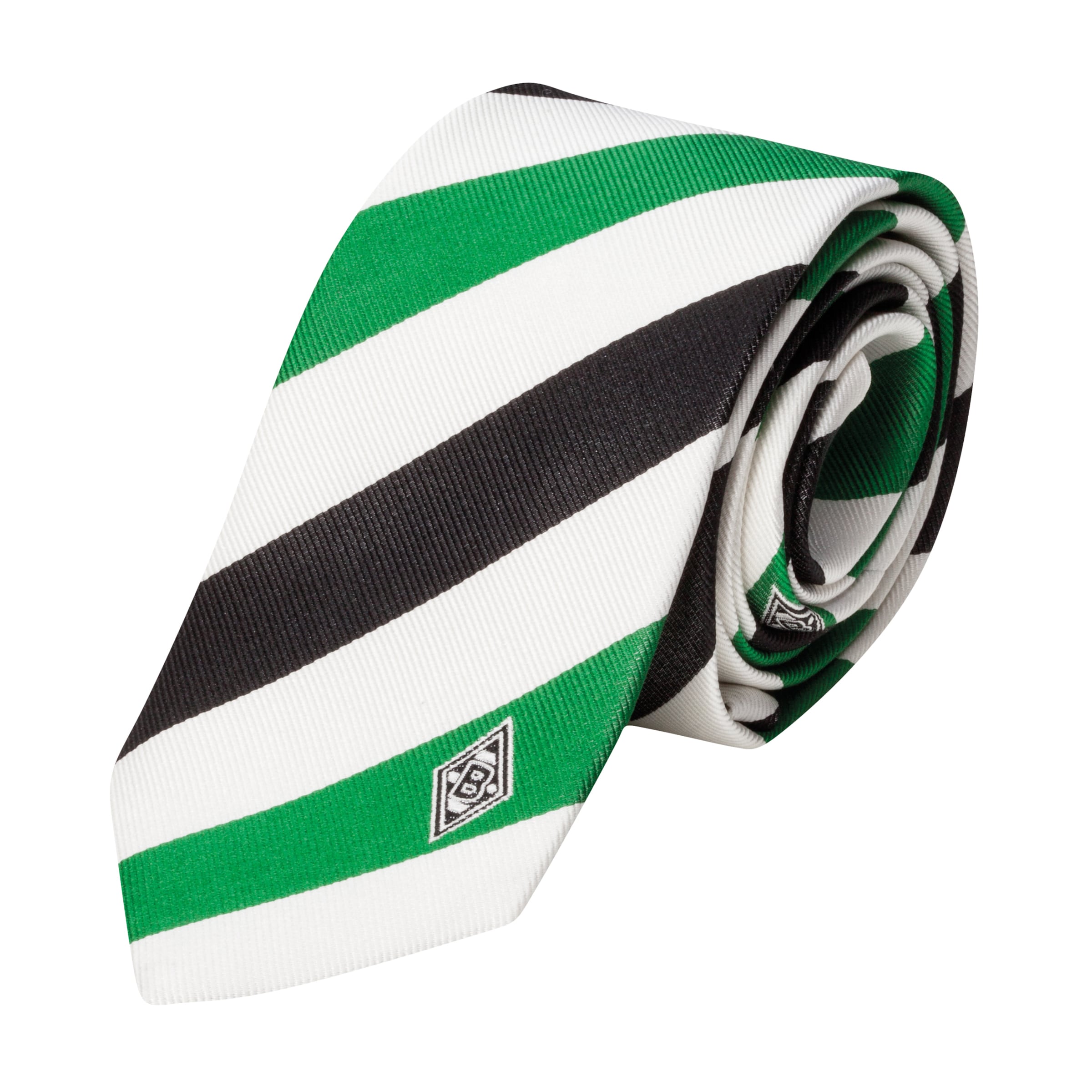 Zusammengerollte Krawatte mit grün-weiß-schwarzen Diagonalstreifen und dem Vereinslogo von Borussia Mönchengladbach auf der Spitze.