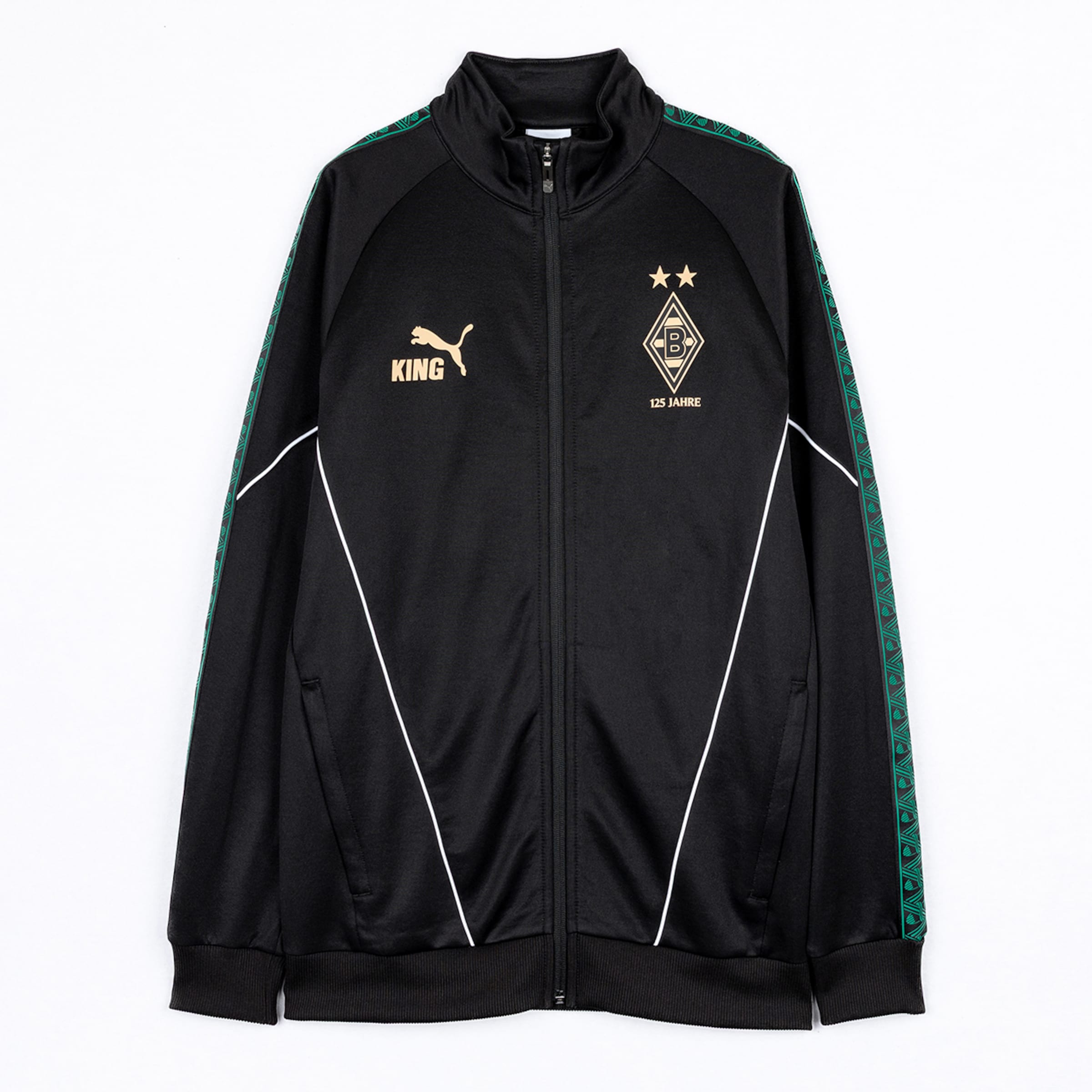 Schwarze Puma King Trainingsjacke, Borussia Mönchengladbach 125 Jahre Edition, goldene Logos, grüne Ärmelstreifen und weiße Paspeln.
