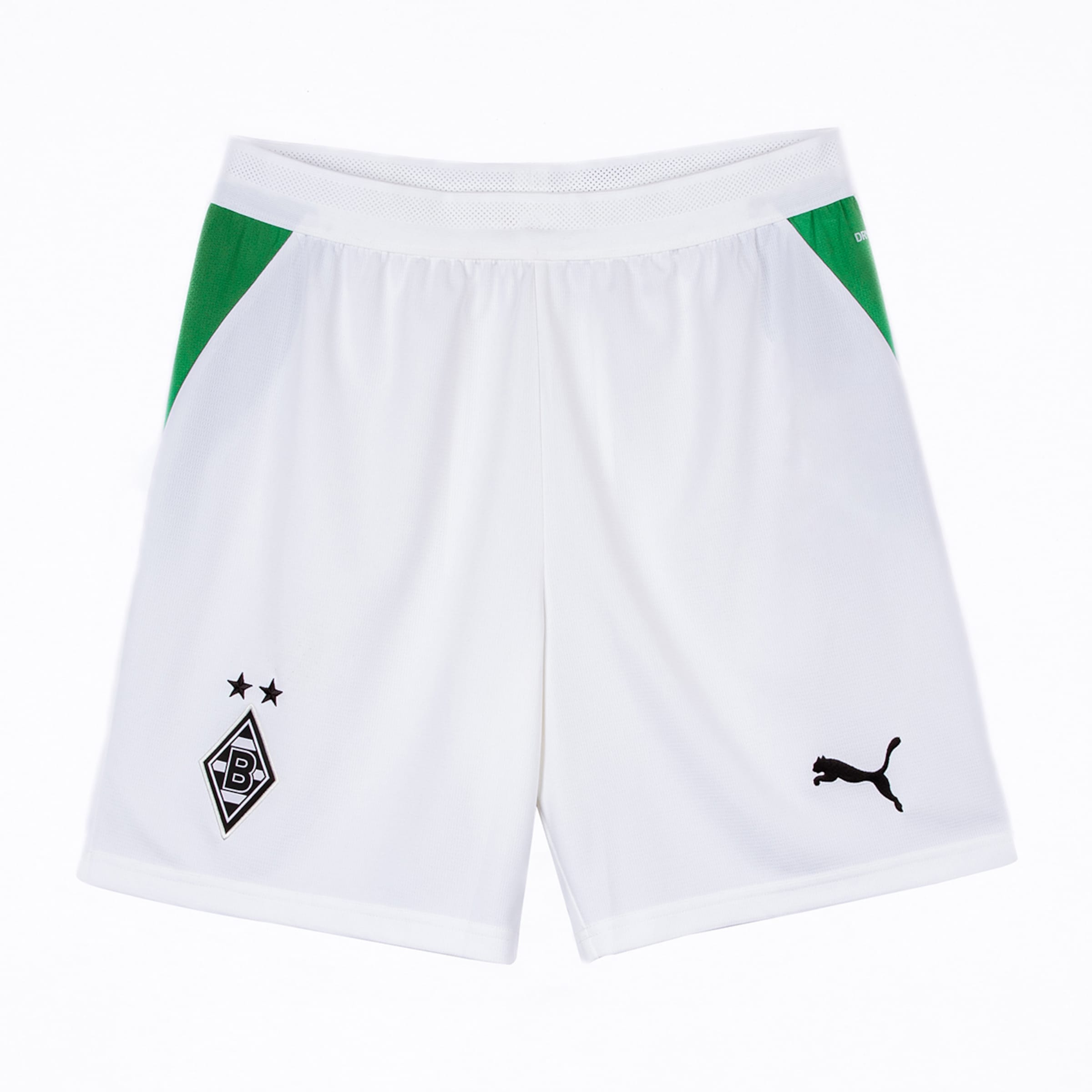 Weiße Puma Borussia Mönchengladbach Shorts mit grünem Akzent an der Hüfte, Vereinswappen links und Puma-Logo rechts.