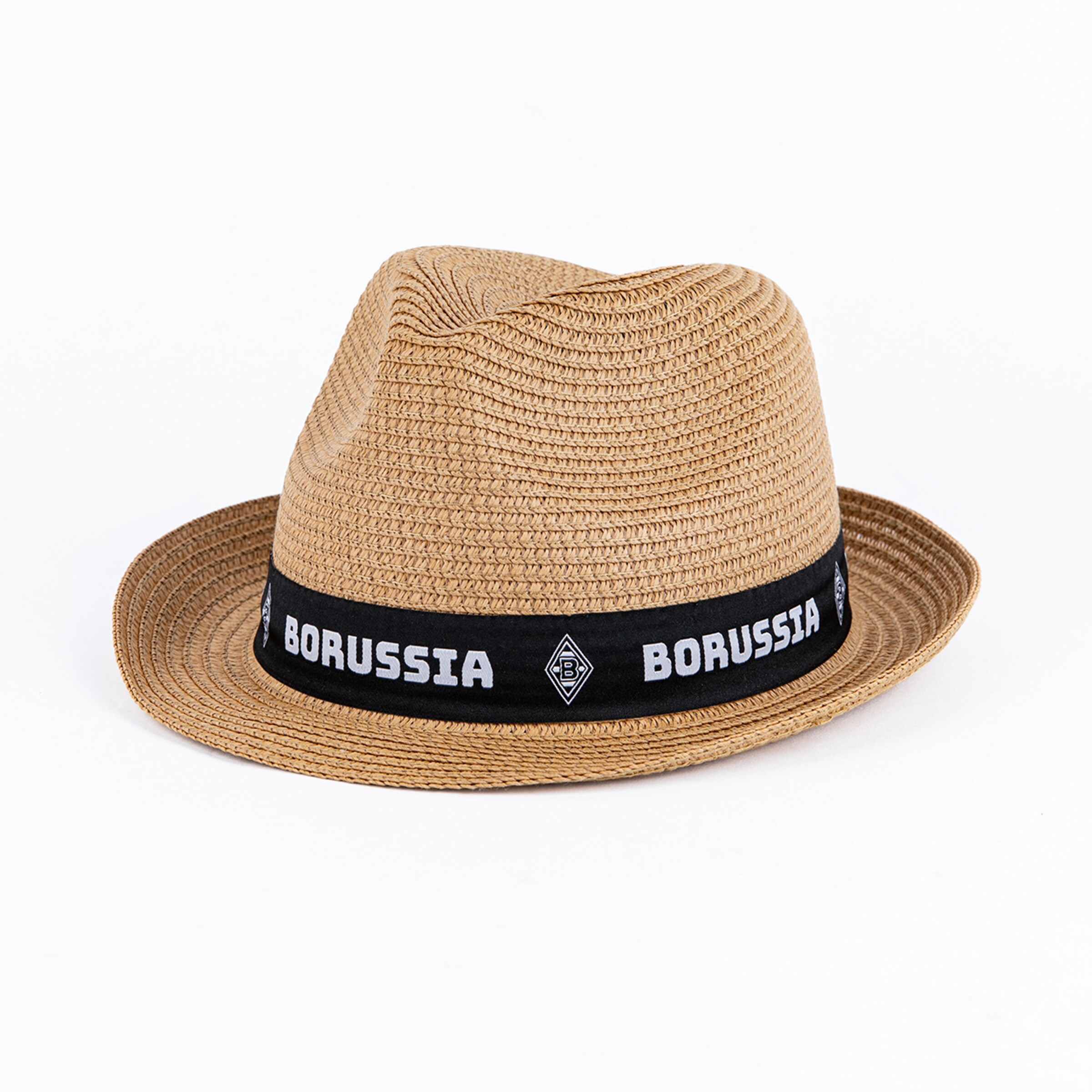 Beige straw hat with a black band featuring the inscription BORUSSIA.