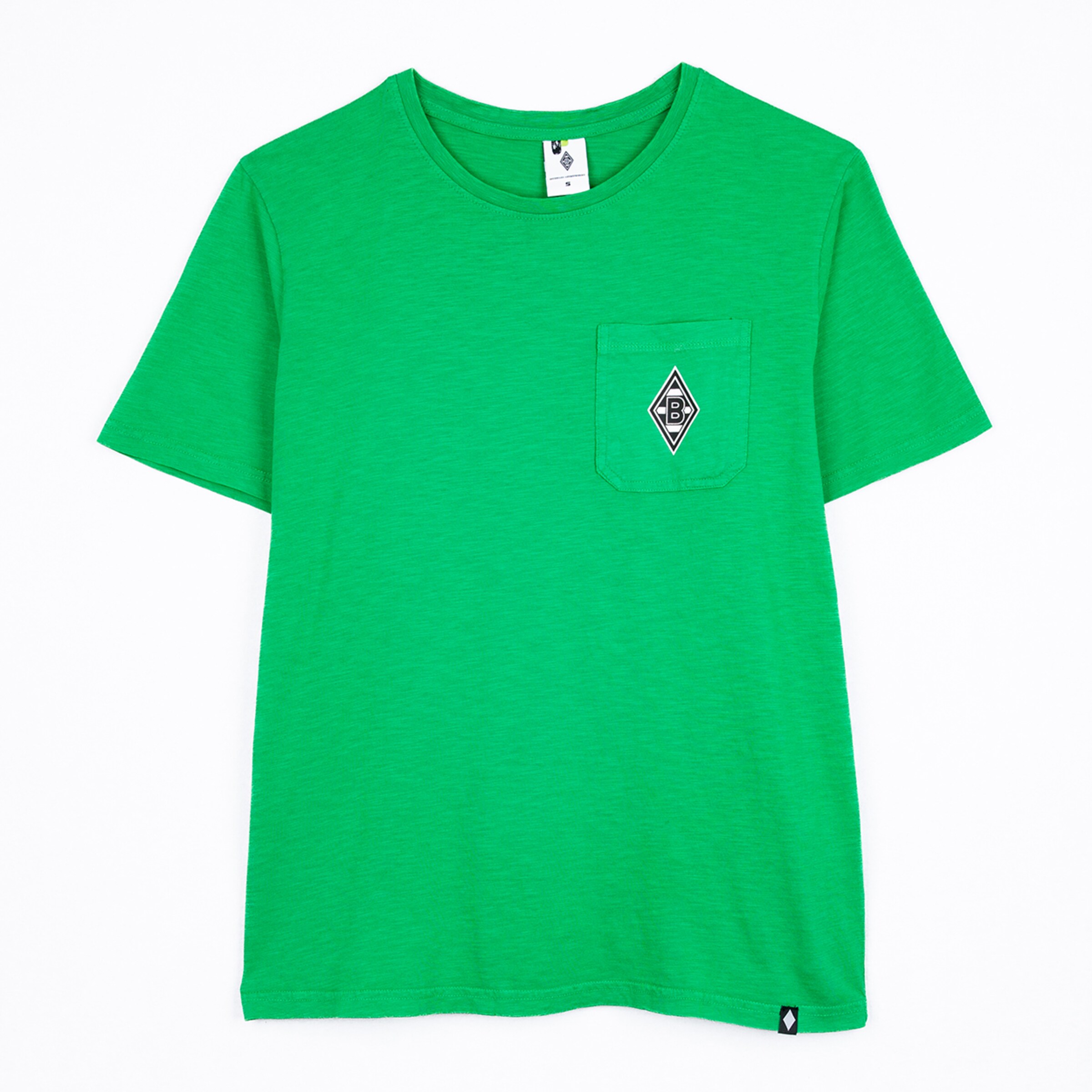 Grünes T-Shirt mit Tasche und Borussia Mönchengladbach-Logo.