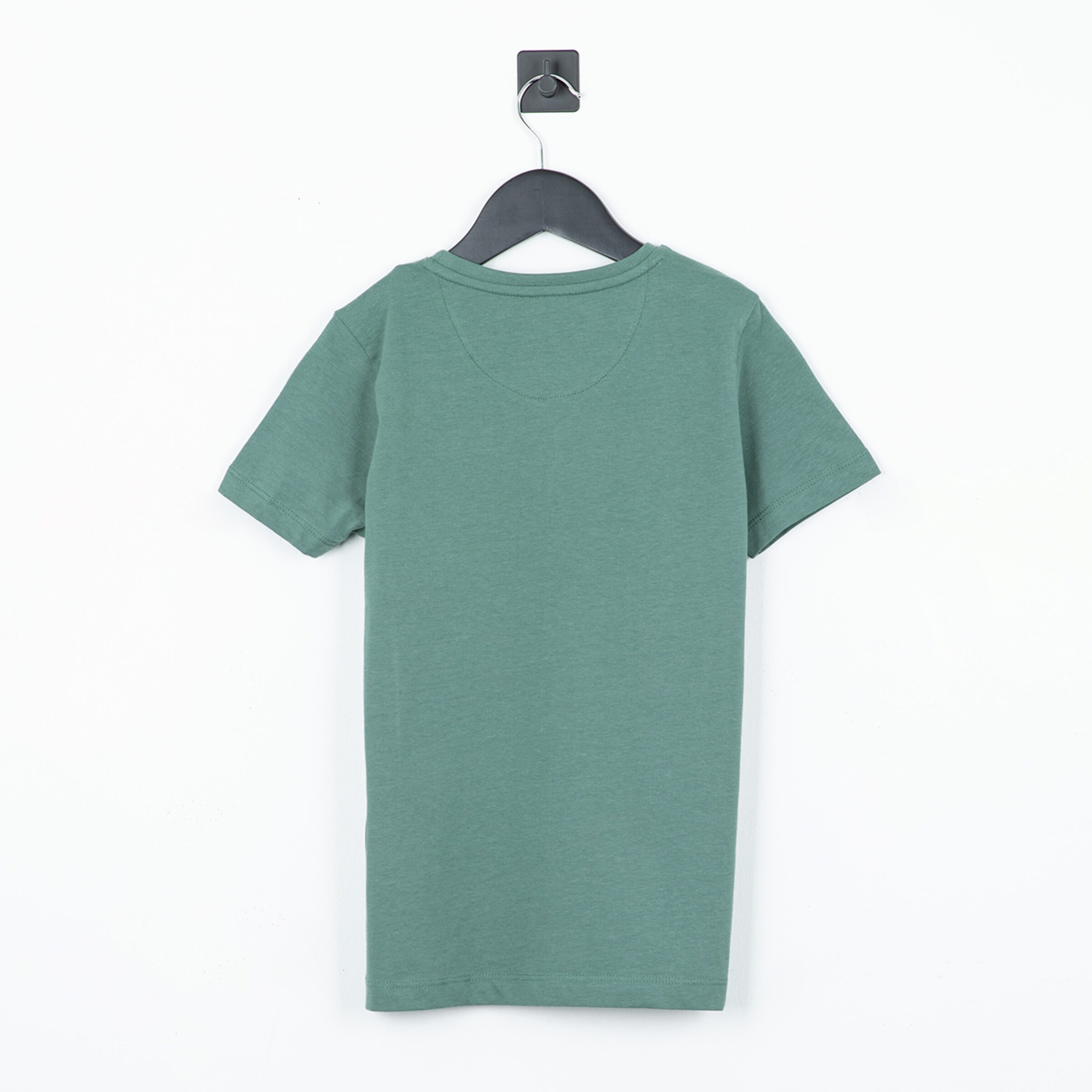 Ein einfarbiges grünes T-Shirt hängt an einem schwarzen Kleiderhaken zur Anzeige der Rückansicht.
