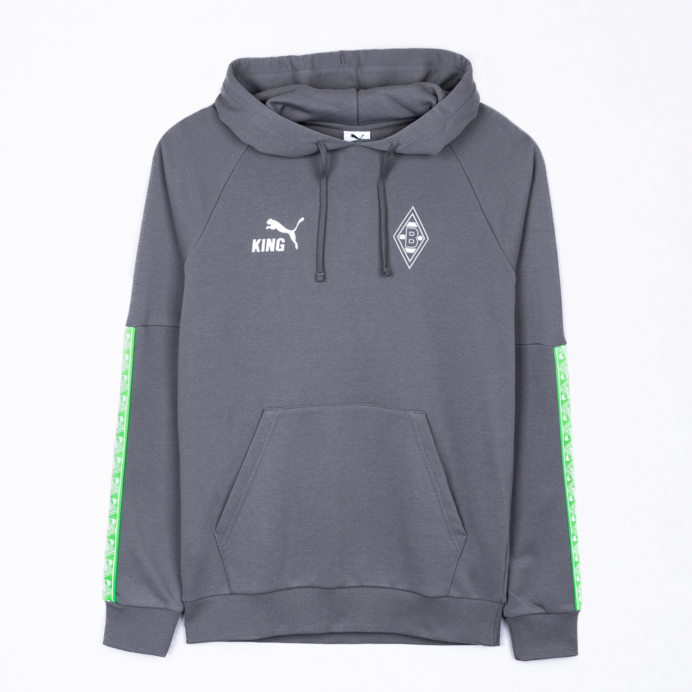 Grey Puma King hoodie featuring the Borussia Mönchengladbach crest and green patterned stripes on the sleeves.