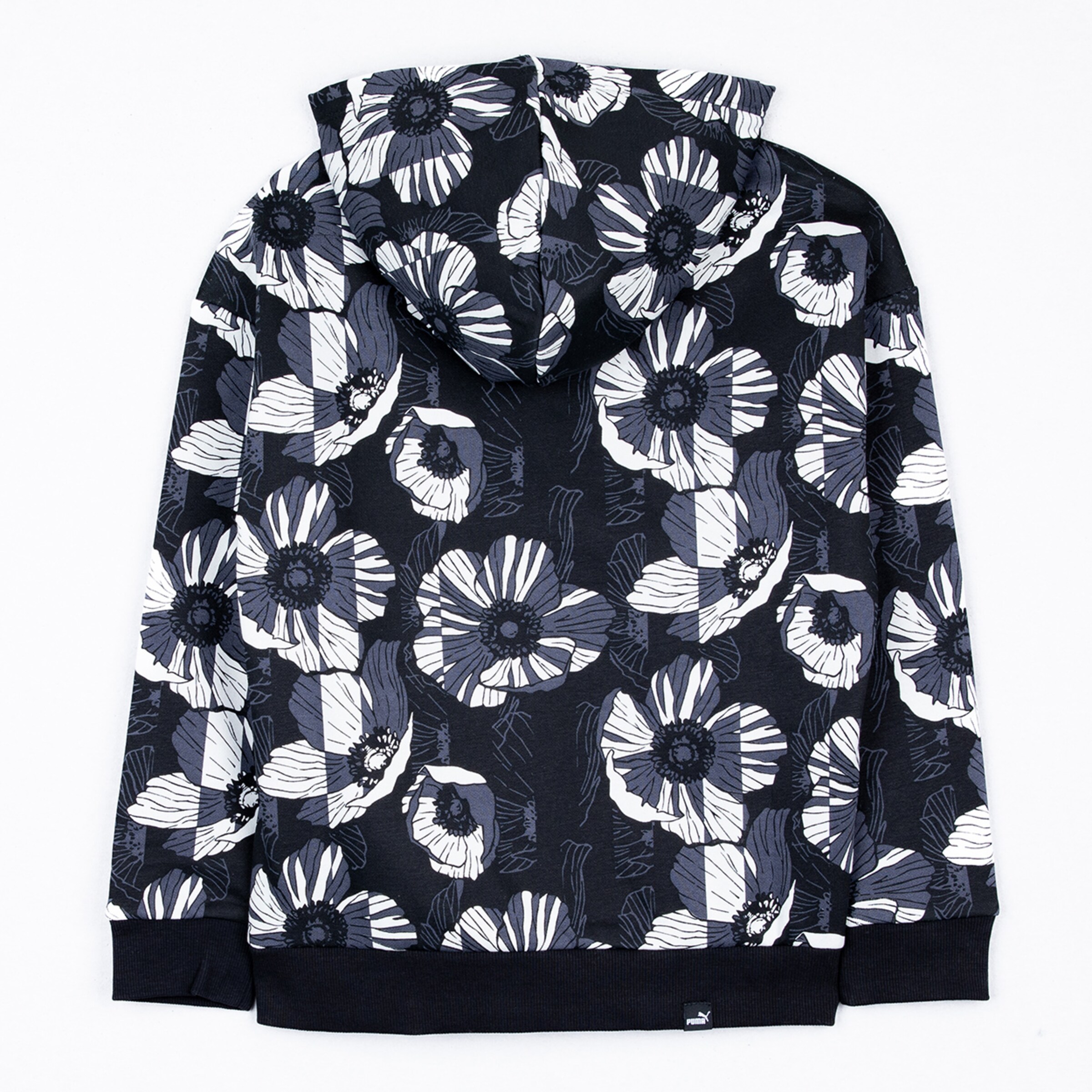 Black hoodie with a floral pattern in white and blue.