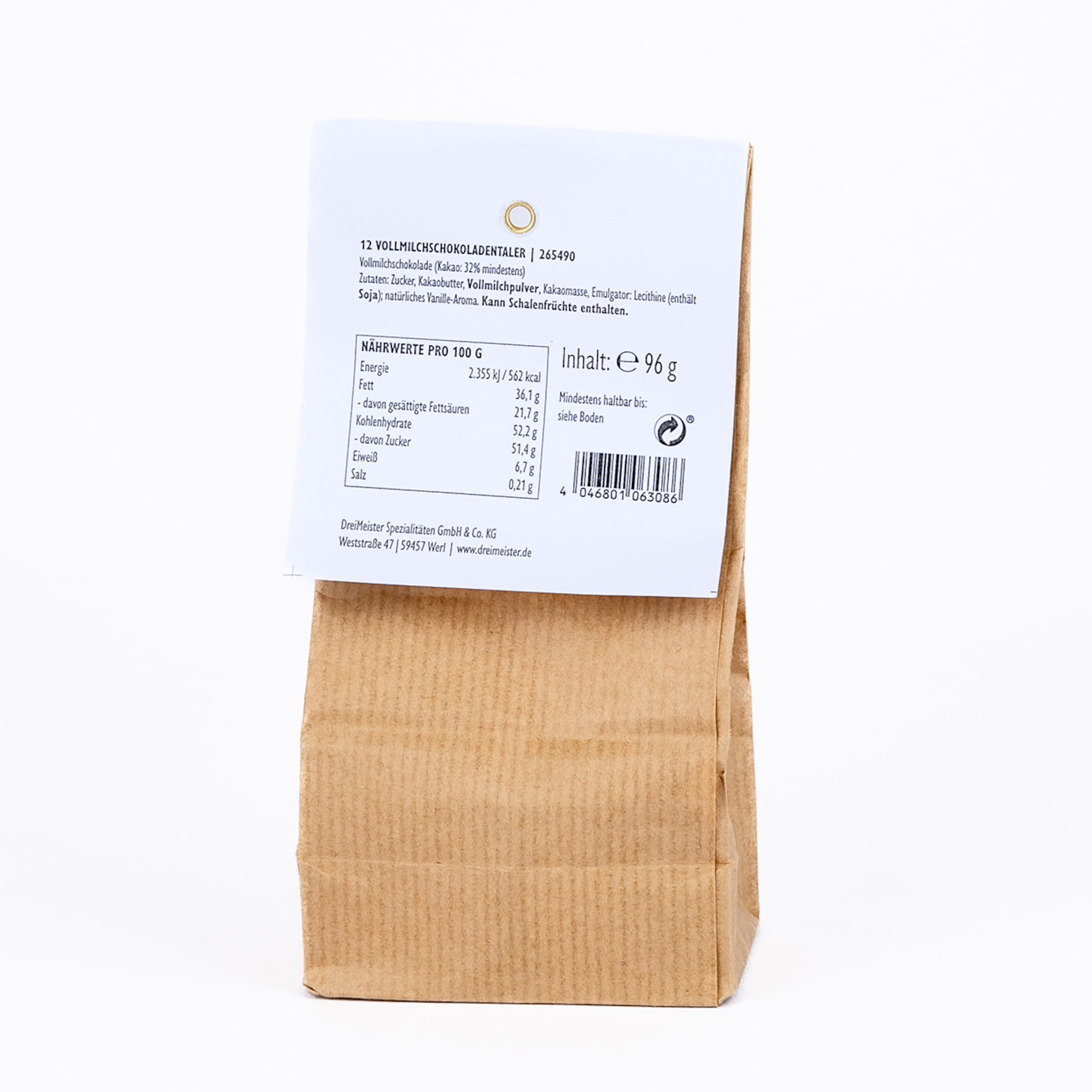 Rückseite einer braunen Papiertüte mit Etikett für DreiMeister Vollmilchschokoladentaler, inklusive Nährwerttabelle und Zutatenliste.