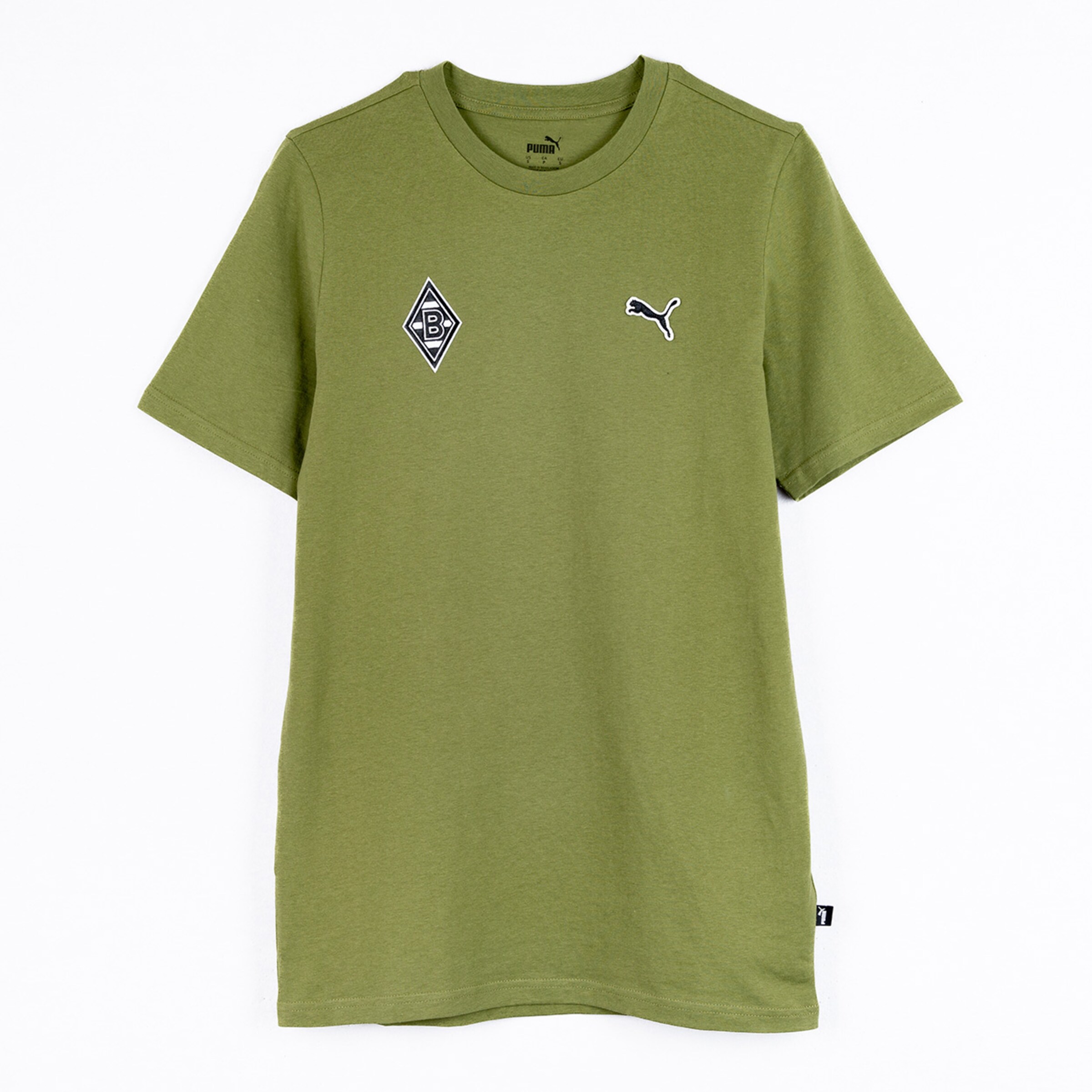 Olive green Puma t-shirt featuring the Borussia Mönchengladbach crest and Puma logo on the chest. Crew neck, short sleeves.