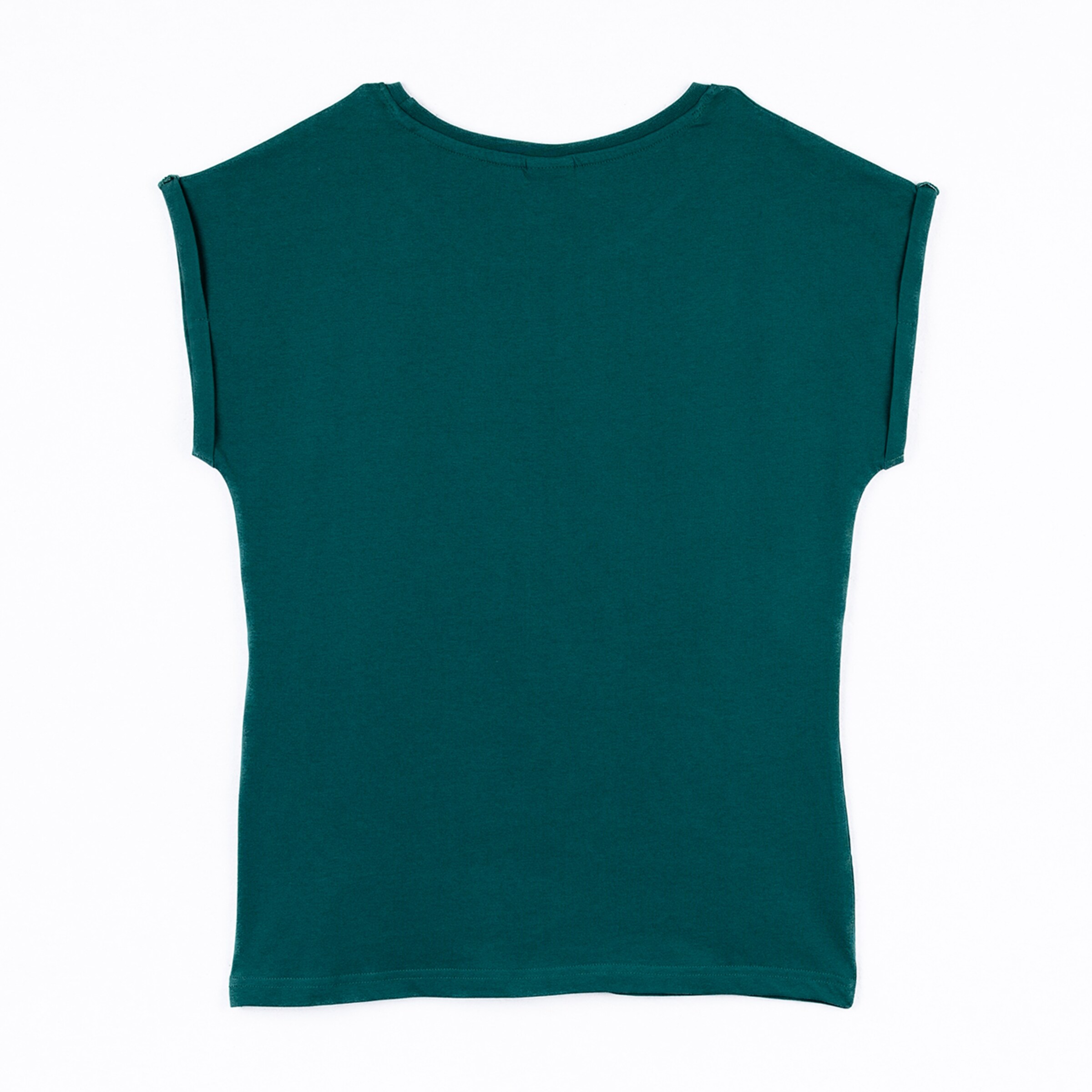 Ein kurzes ärmelloses T-Shirt mit einem runden Ausschnitt in dunklem Grün auf einem weißen Hintergrund.