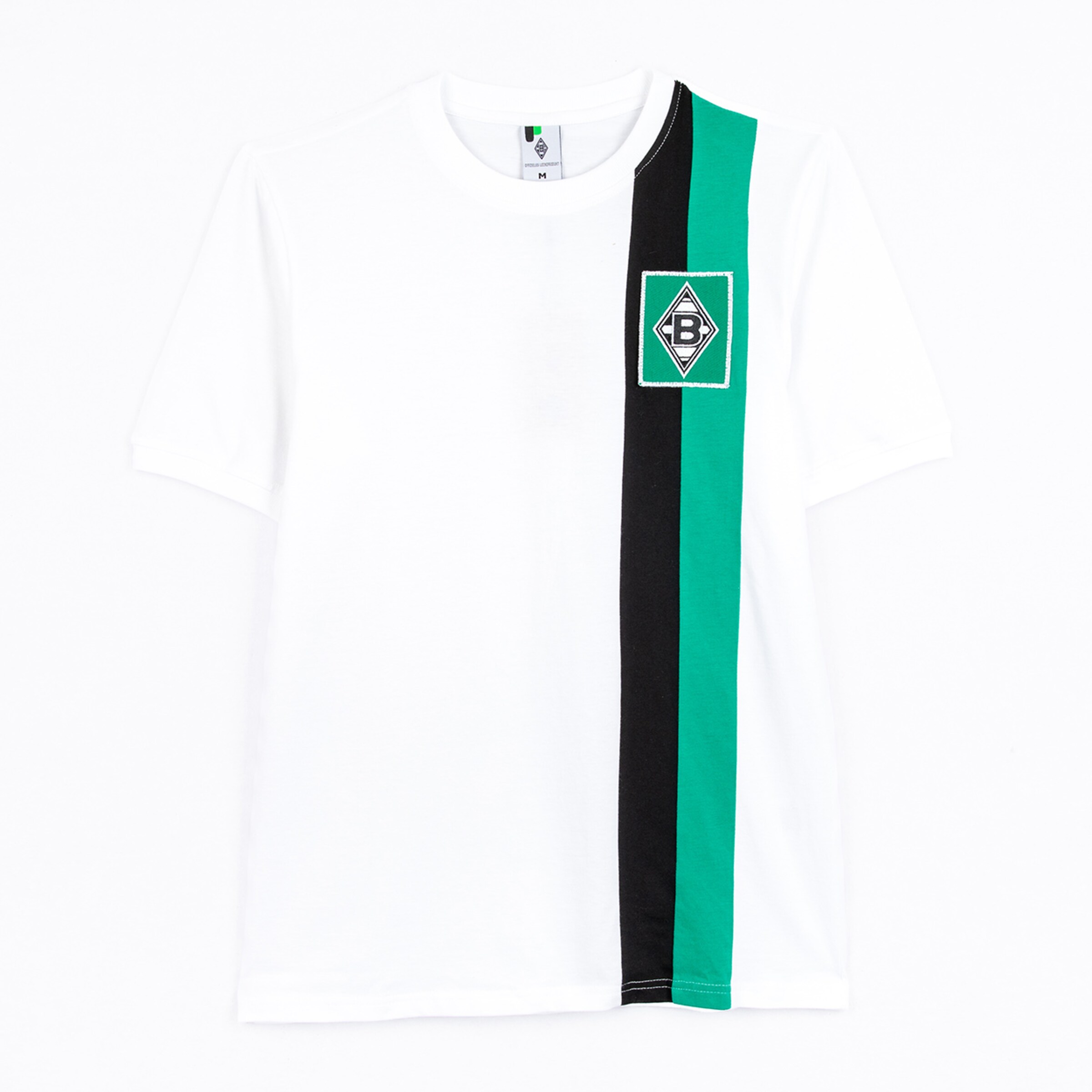 Weißes T-Shirt mit schwarzem und grünem Streifen Borussia Mönchengladbach Logo.