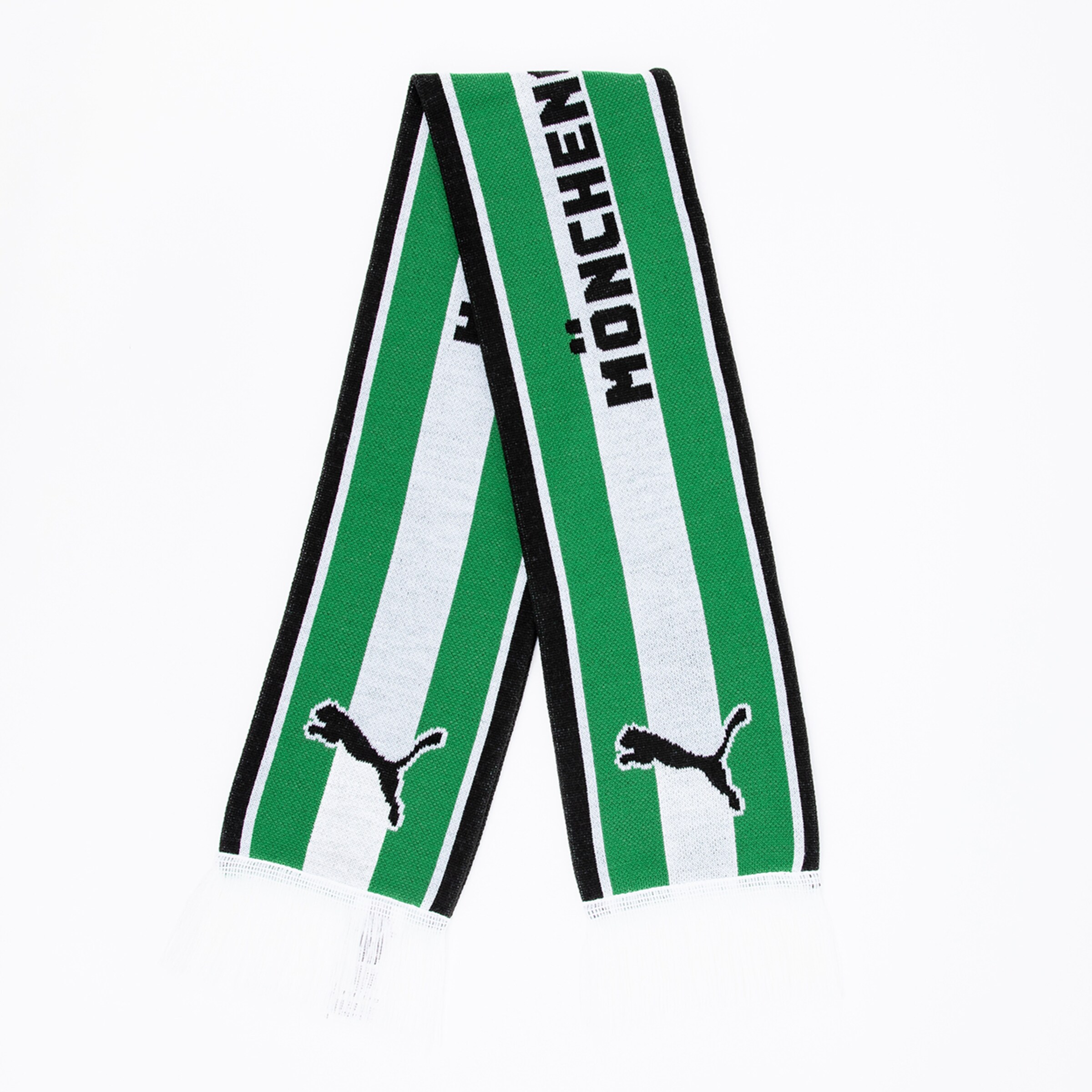 Puma-Schal in Grün Weiß und Schwarz mit MÖNCHENGLADBACH und Puma-Logo.